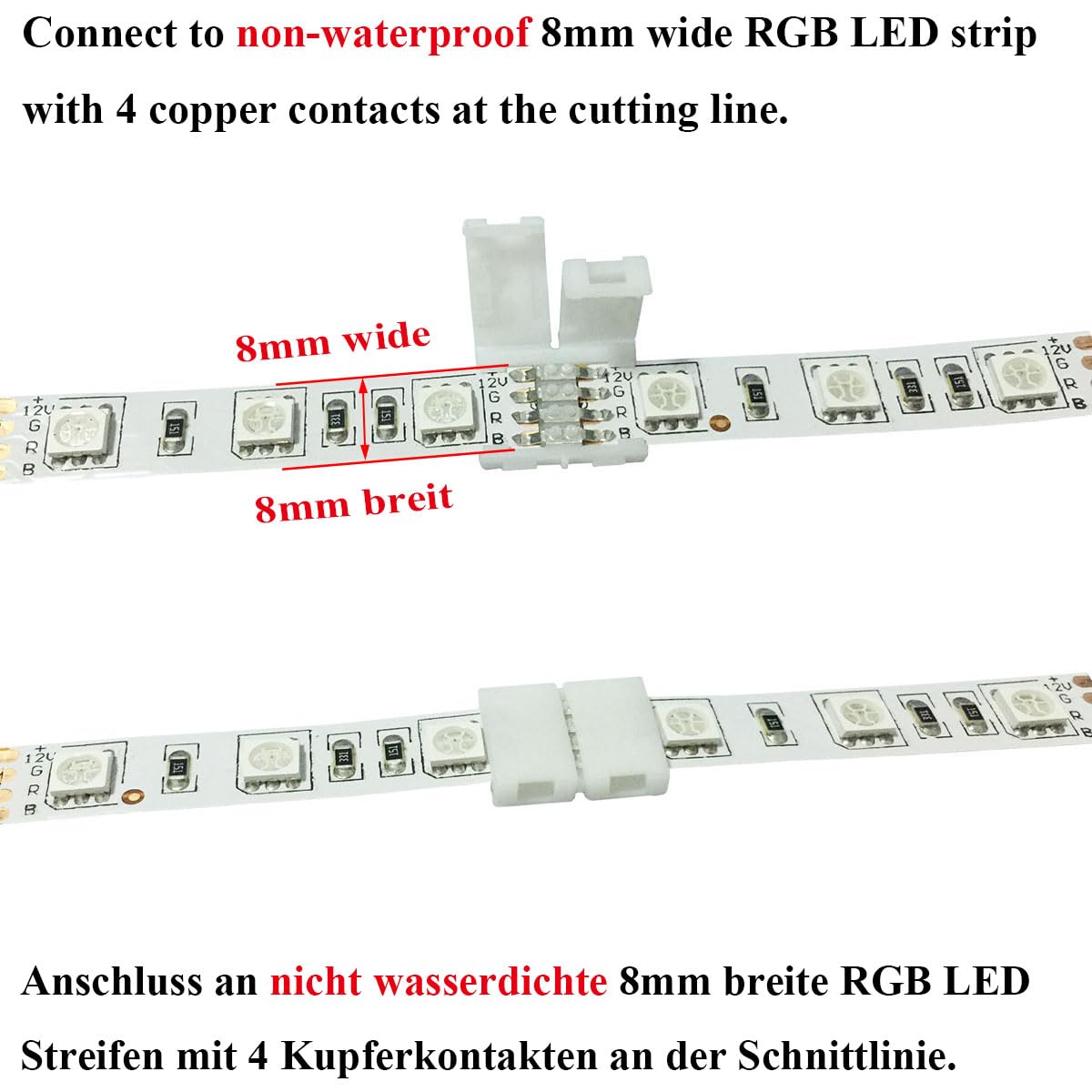 10Pcs 4-Pin RGB LED Strip Connectors - Solderless Quick Connect for 8mm Wide SMD 2835/3528 LED Light Strips - Waterproof LED Ribbon Adapter for Home Theater, Gaming PC & DIY Lighting Projects