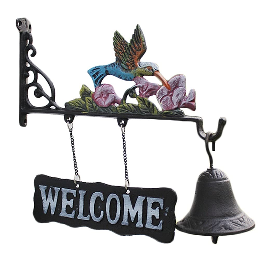 Vintage Cast Iron Hummingbird Dinner Bell with Welcome Sign - Farmhouse Wall Decor, Garden Hanging Bell for Porch & Patio - Perfect for Rustic Home, Countryside Cabin & Outdoor Dining Areas