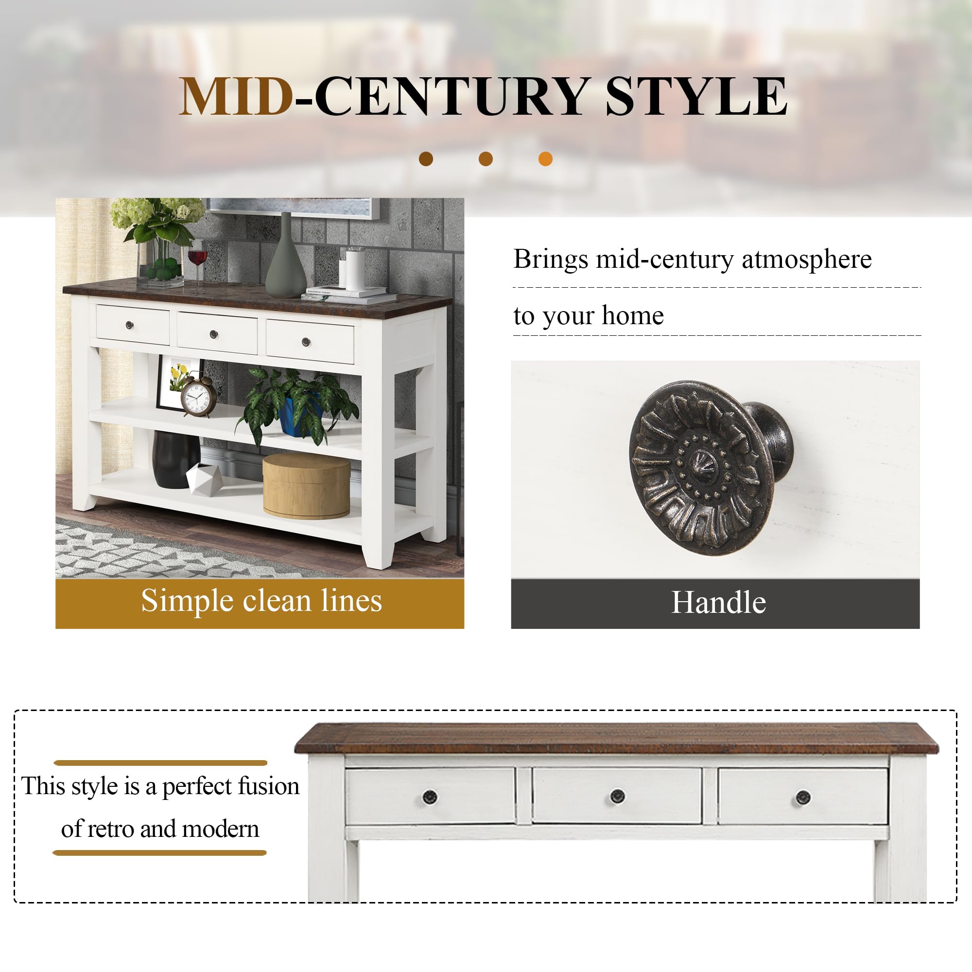 INMOZATA 48 Inch Modern Console Sofa Table with 3 Drawers & 2 Shelves - Antique White Buffet Cabinet Entryway Table for Living Room, Dining Room & Kitchen - Perfect for Hallway Decor, Sofa Back Display & Dining Room Storage