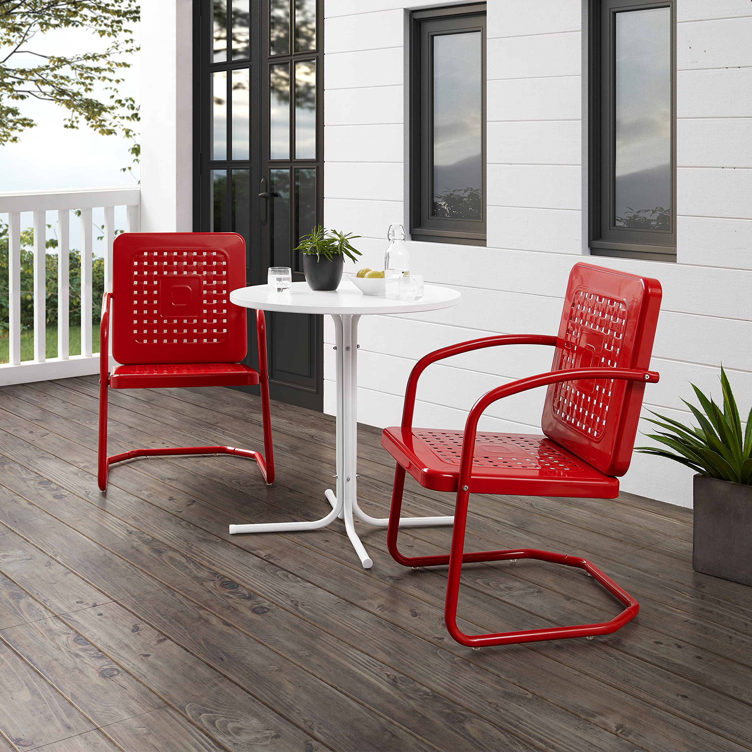Crosley Furniture Bates 3-Piece Outdoor Bistro Set - Retro Metal Patio Dining Table and Chairs in Bright Red Gloss & White Satin for Garden, Porch, Backyard & Outdoor Entertaining
