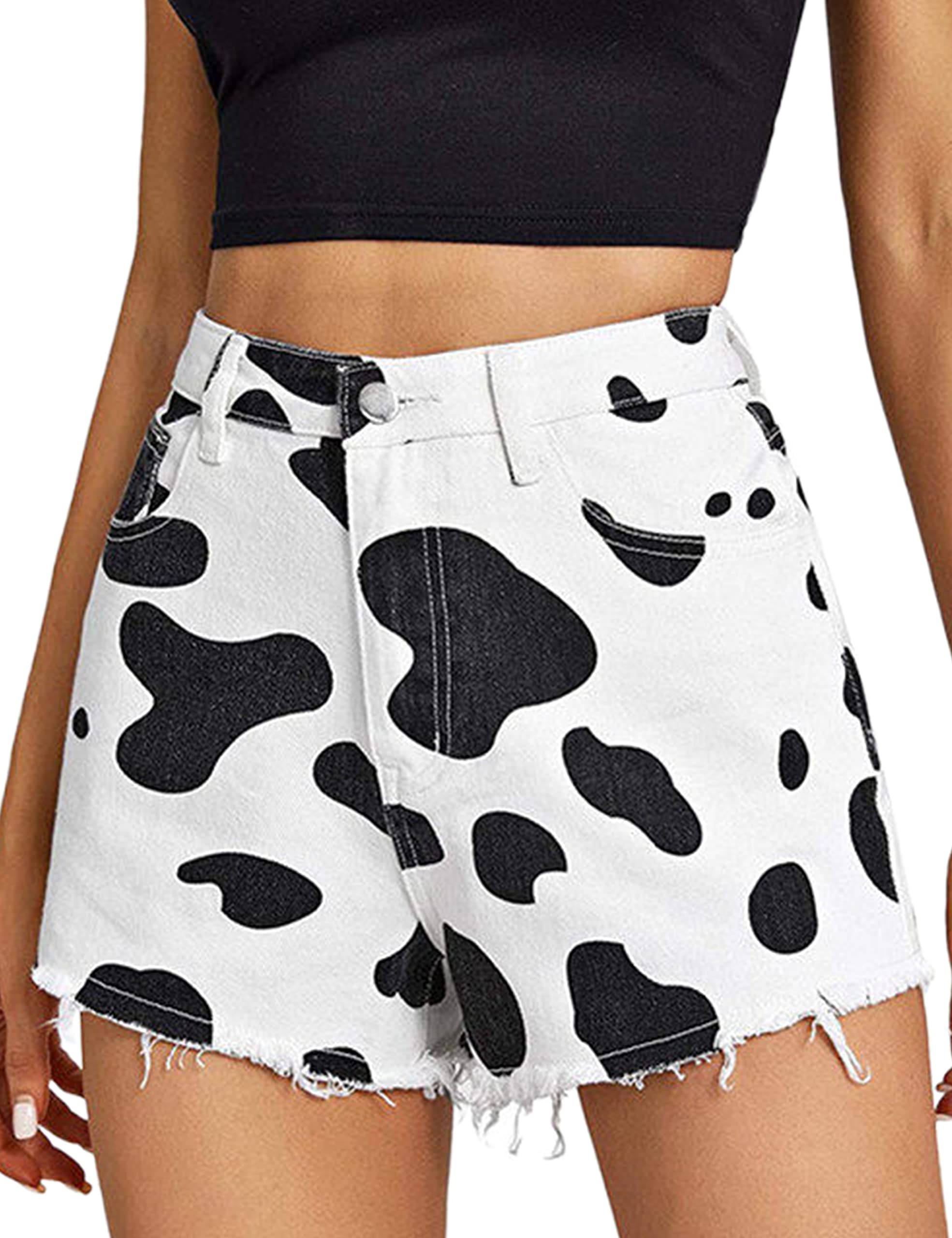 UANEO Women's Denim Cow Print Mid Rise Raw Hem Jean Shorts - Black XS | Casual Summer Shorts for Women | Perfect for Beach, Vacation & Everyday Wear