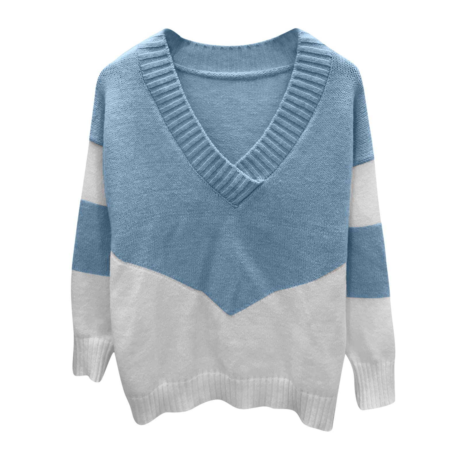 Women's Winter Striped Mink Fleece V-Neck Long Sweater - Soft & Fashionable Pullover for Casual Wear, Blue, XX-Large - Perfect for Office, Dating & Holiday Outfits