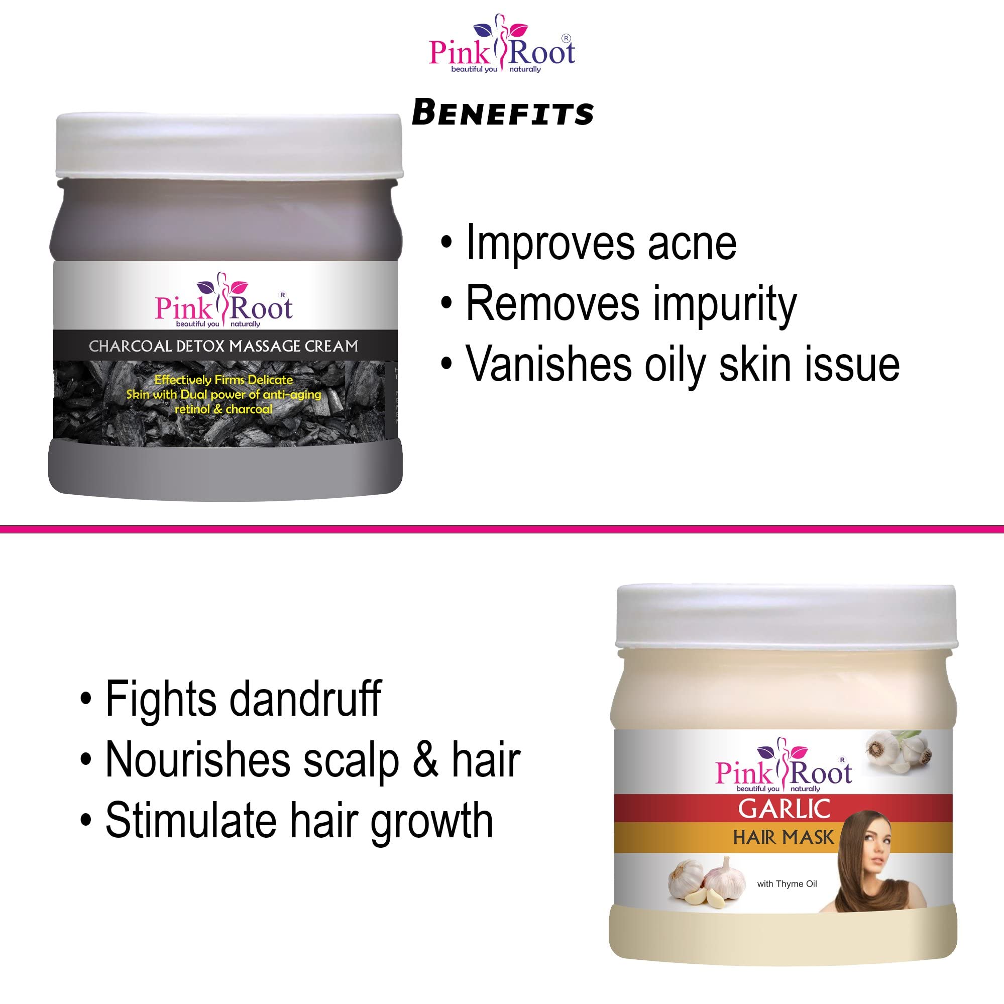 Pink Root Charcoal Cream 500g with Garlic Hair Mask 500g - Natural Hair Growth Treatment for Dry, Damaged Hair | Deep Conditioning & Scalp Care for Women & Men | Home Hair Spa Solution