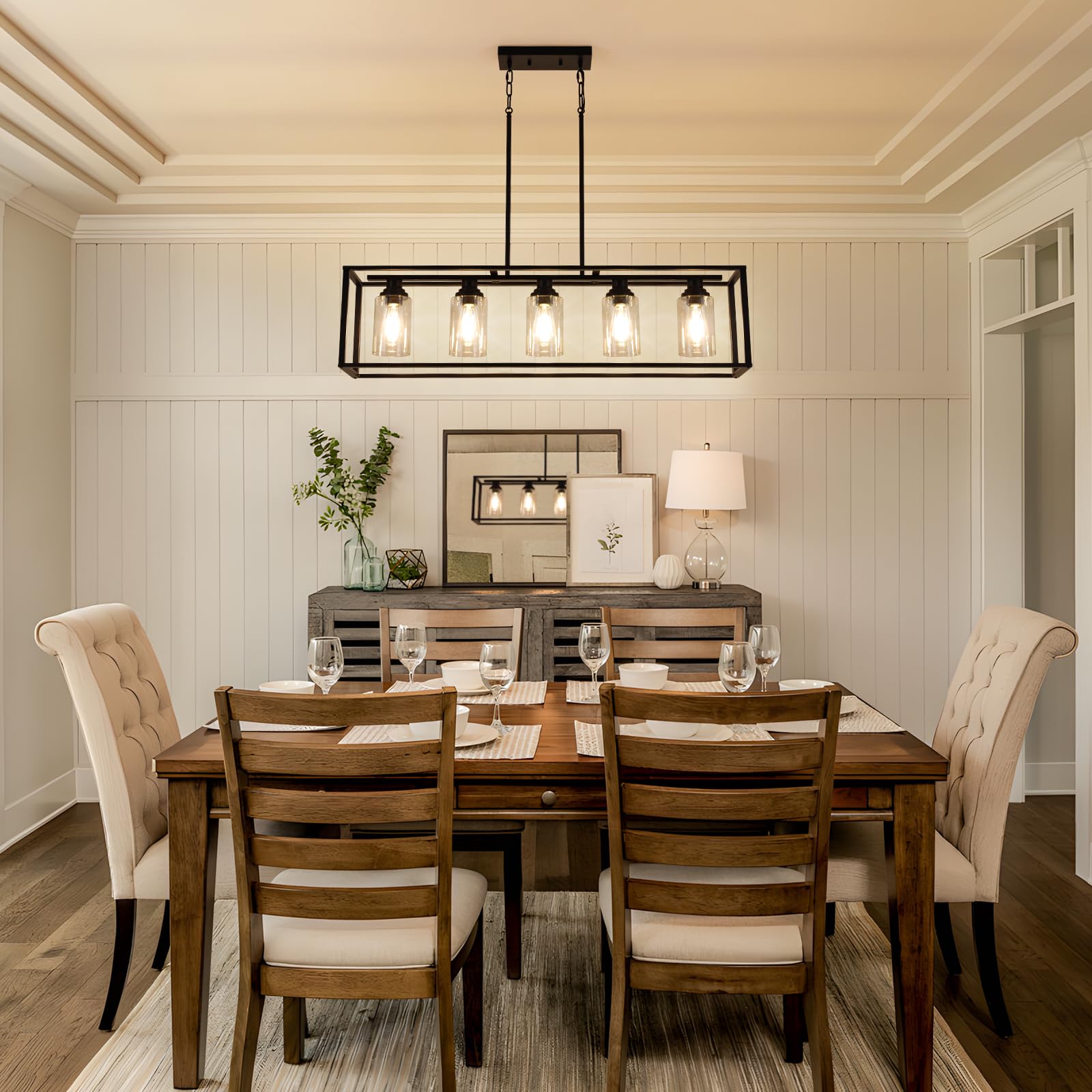 Black Farmhouse 5-Light Chandelier with Clear Glass - Kitchen Island Lighting & Dining Room Ceiling Fixture - Perfect for Farmhouse, Rustic, and Modern Dining Areas