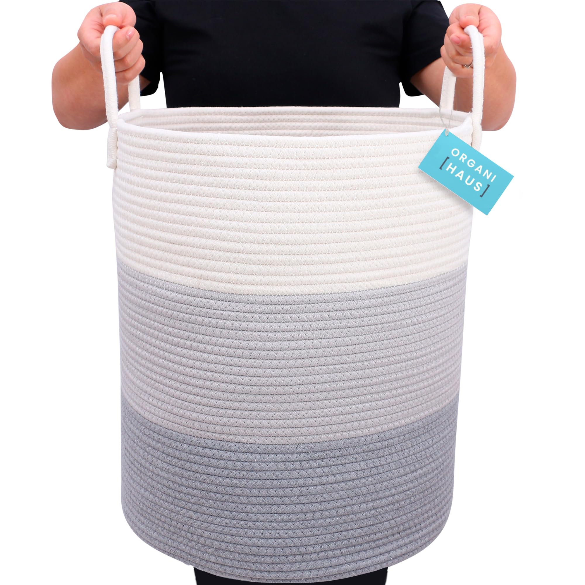 OrganiHaus Gray Nursery Laundry Basket 15x18 Inch - Farmhouse Style Extra Large Storage Hamper for Baby Clothes, Blankets & Toys - Soft Woven Pillow Basket for Living Room, Nursery & Kids' Room Organization