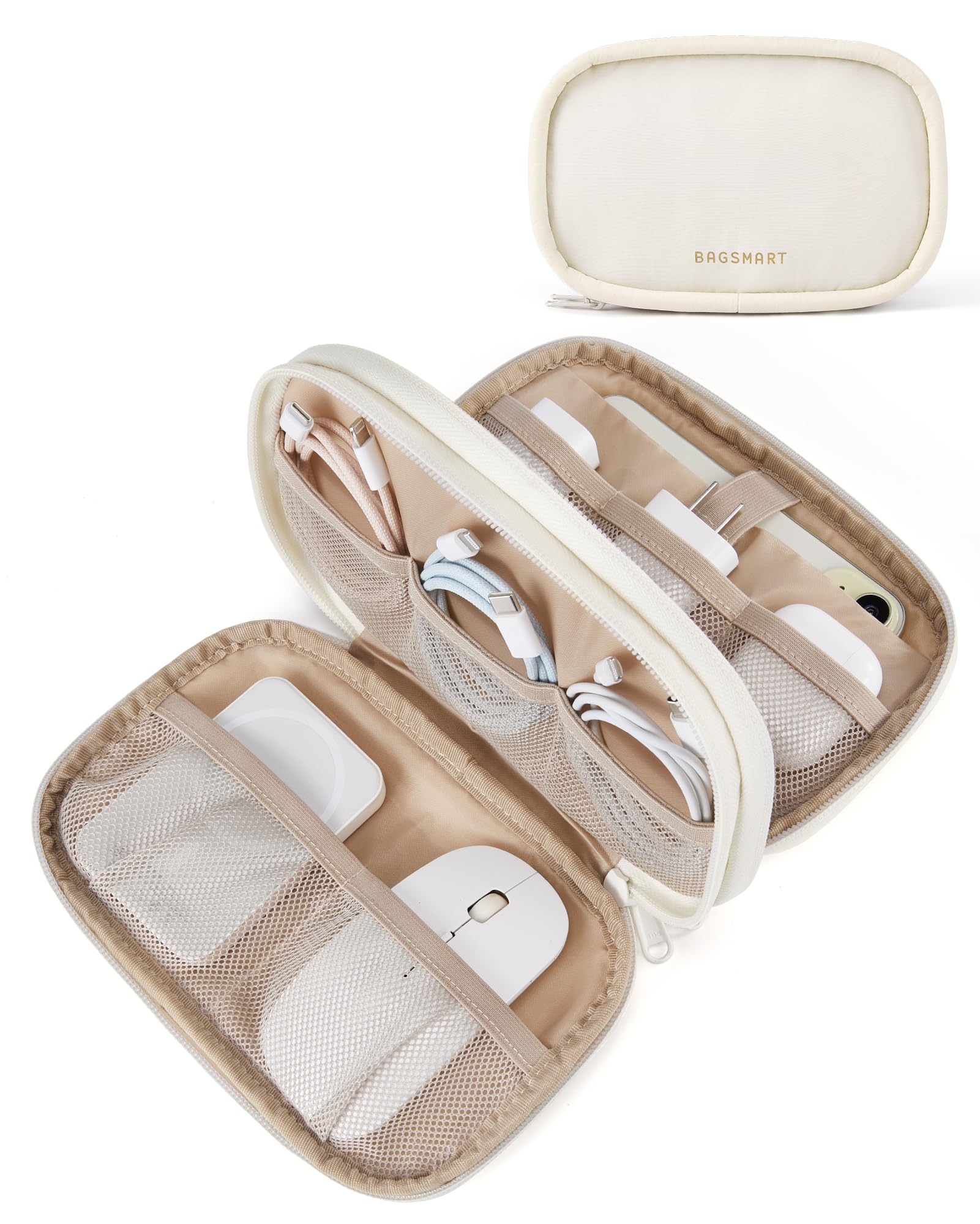 BAGSMART Beige Electronics Organizer Travel Case - Cord & Cable Organizer for Women, Travel Essentials Bag for Charger, Flash Drive, Tech Accessories - Perfect for Business Trips, Vacations & Daily Commute