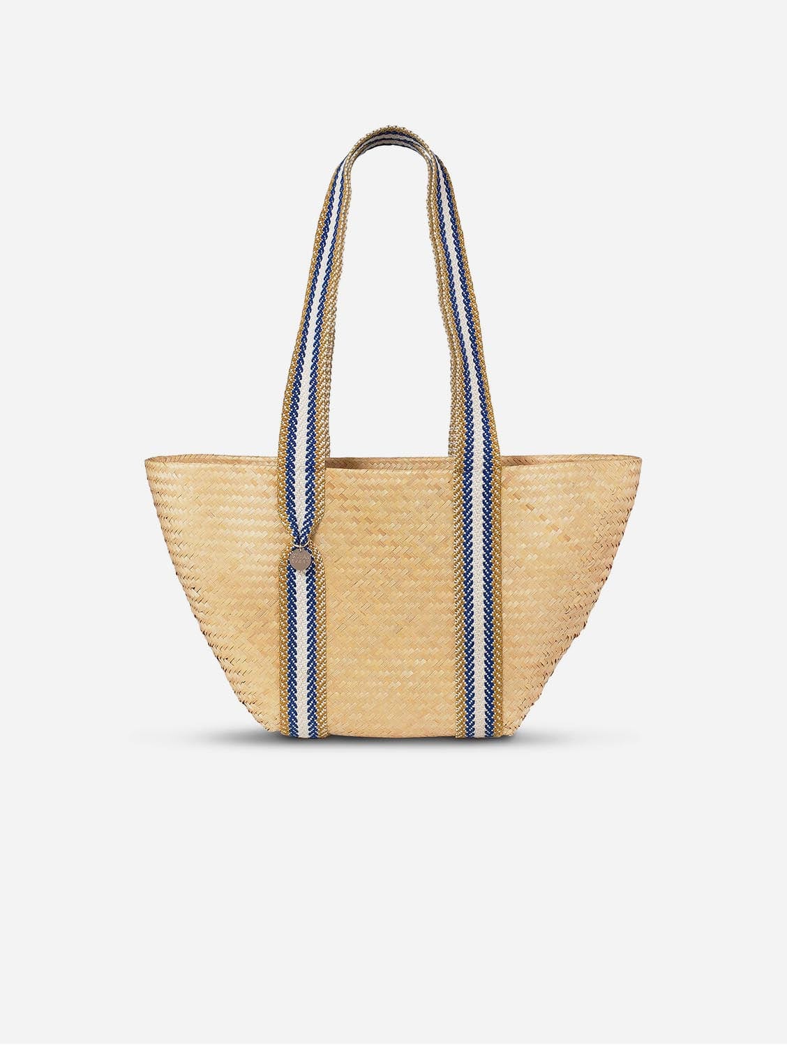 Eco-Friendly Bamboo Vegan Medium Tapered Tote Bag - Natural & Blue Stripe for Work, Shopping & Beach Day Essentials