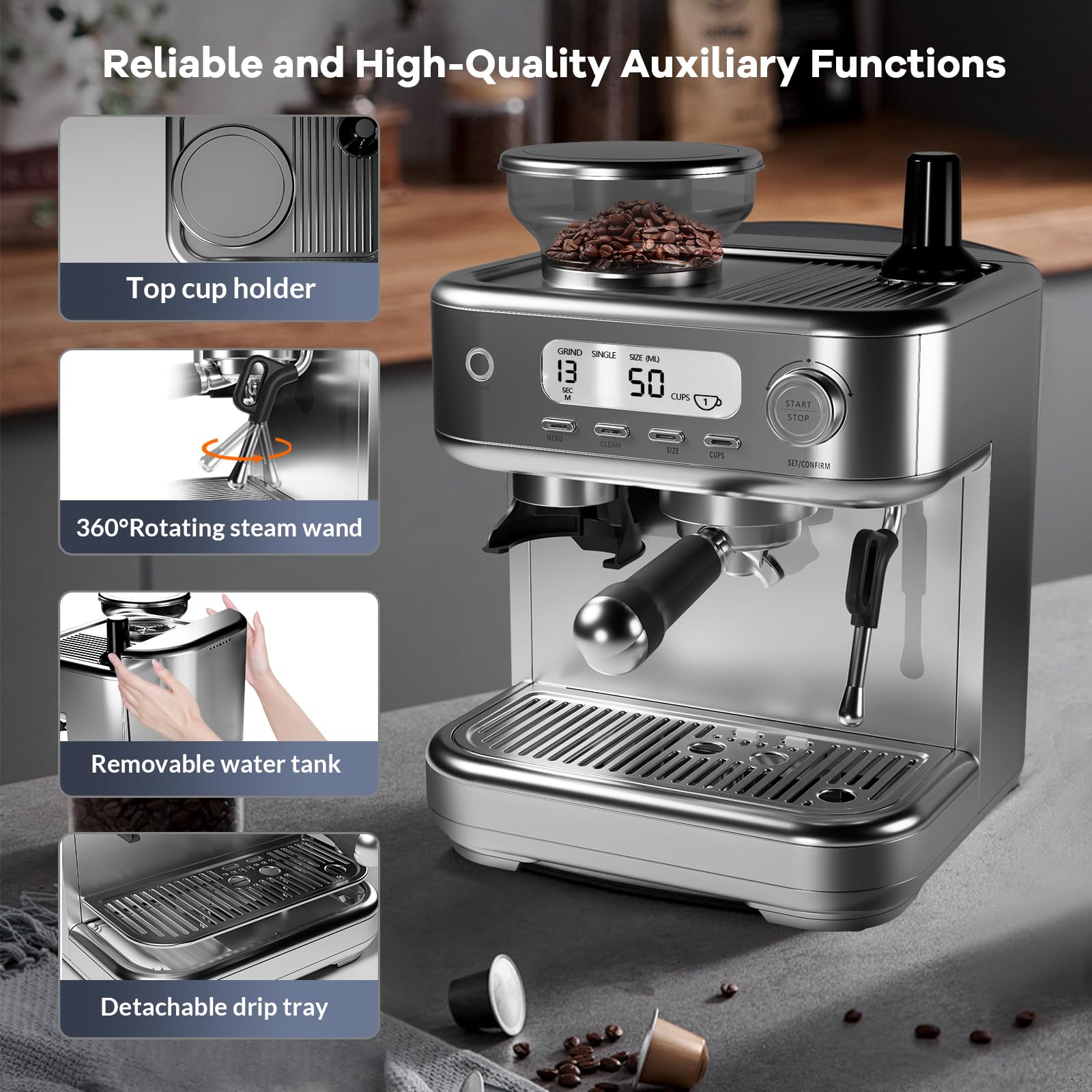 15 Bar Professional Espresso Coffee Machine with Built-in Grinder & LED Display - Self-Cleaning Home Barista Kit for Latte, Cappuccino - Perfect for Kitchen, Office & Coffee Shop Use (Grey)