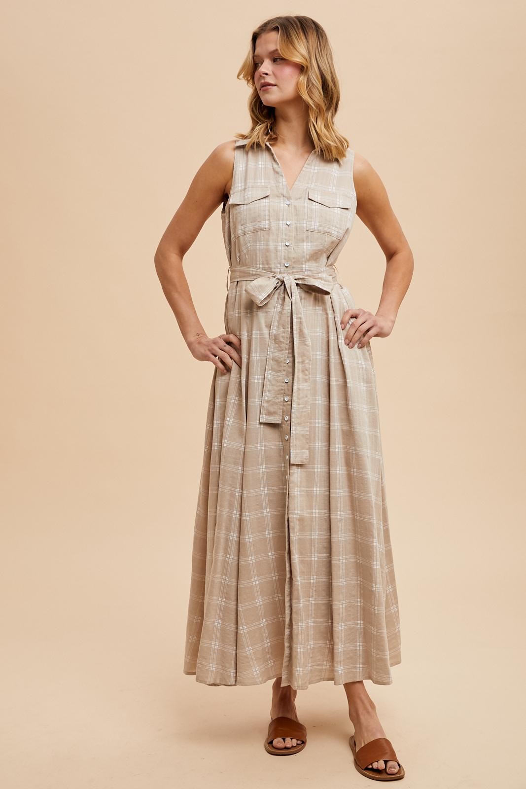 Beige Plaid Sleeveless Tie-Waist Shirt Dress for Women - Casual Summer Dress for Beach, Vacation & Everyday Wear