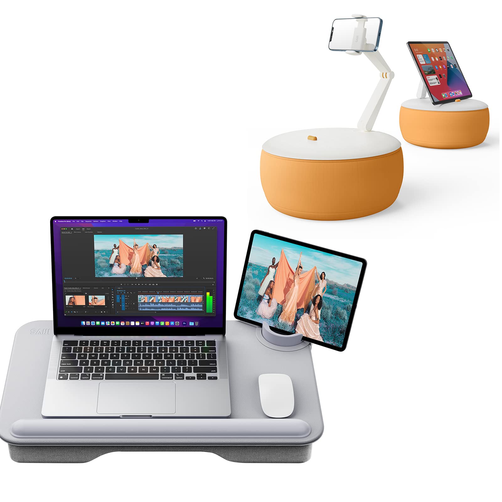 SAIJI Adjustable Laptop Lap Desk with Dual-Screen Stand & Phone Holder - Ergonomic Workstation for Designers, Remote Work, and Home Office Use