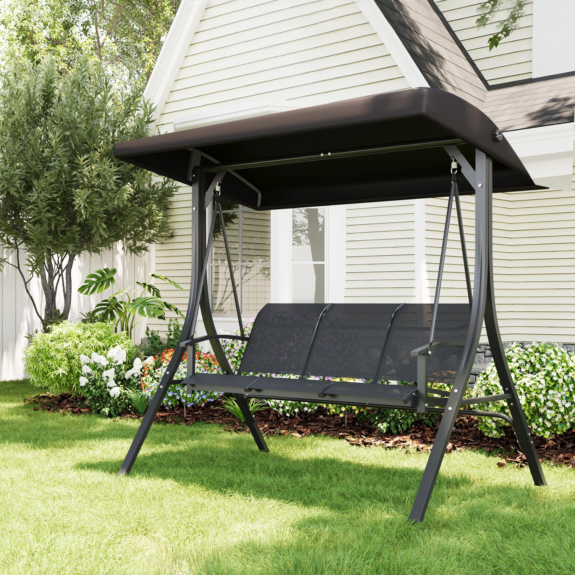GARVEE 3-Seat Outdoor Patio Swing with Adjustable Canopy - Sturdy Steel Frame Porch Swing Chair for Backyard, Garden & Poolside - Perfect for Relaxing, Lounging & Enjoying Outdoor Spaces (Black)