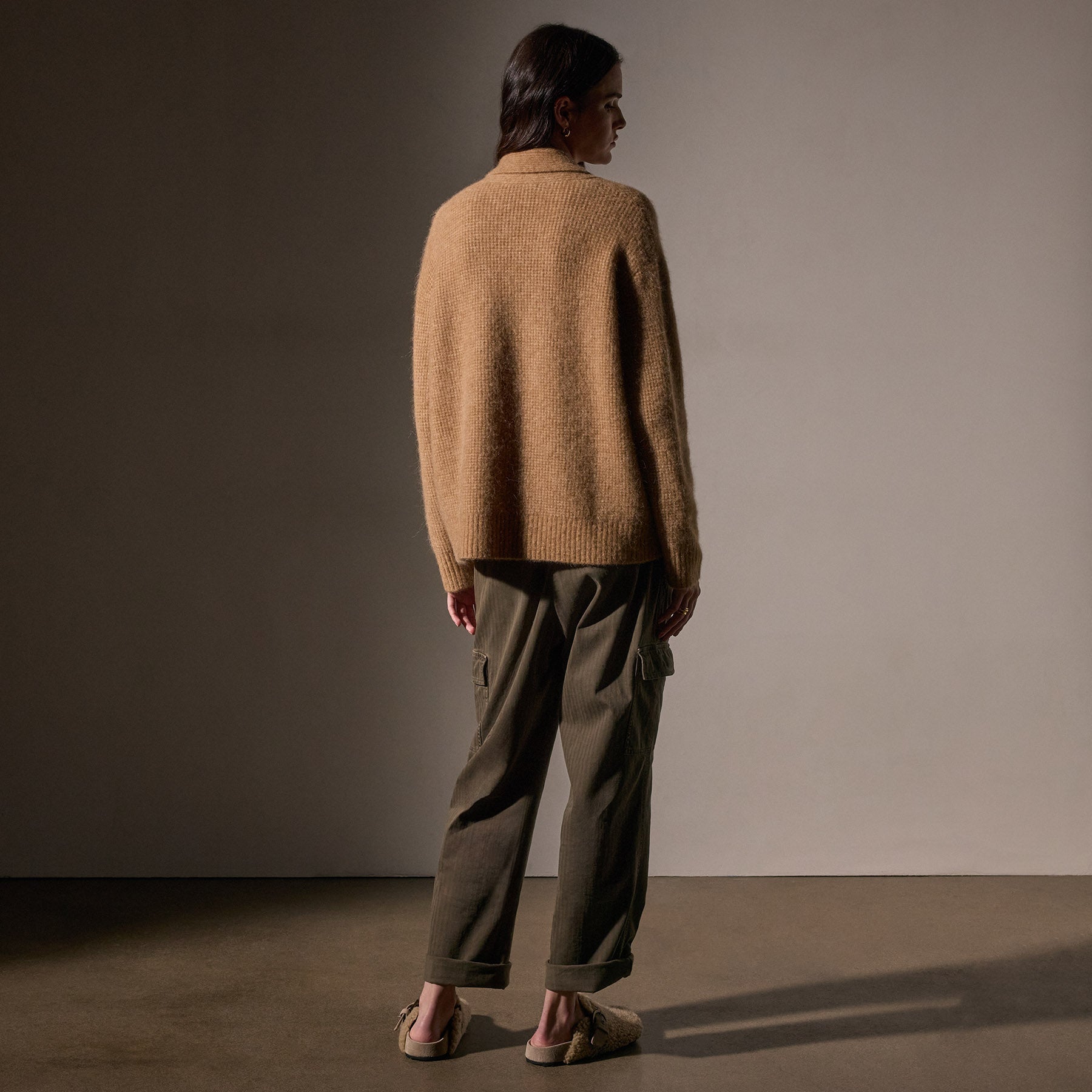 Cozy Waffle Knit Shawl Collar Sweater for Women - Soft Camel Color - Perfect for Fall Layering & Winter Outfits