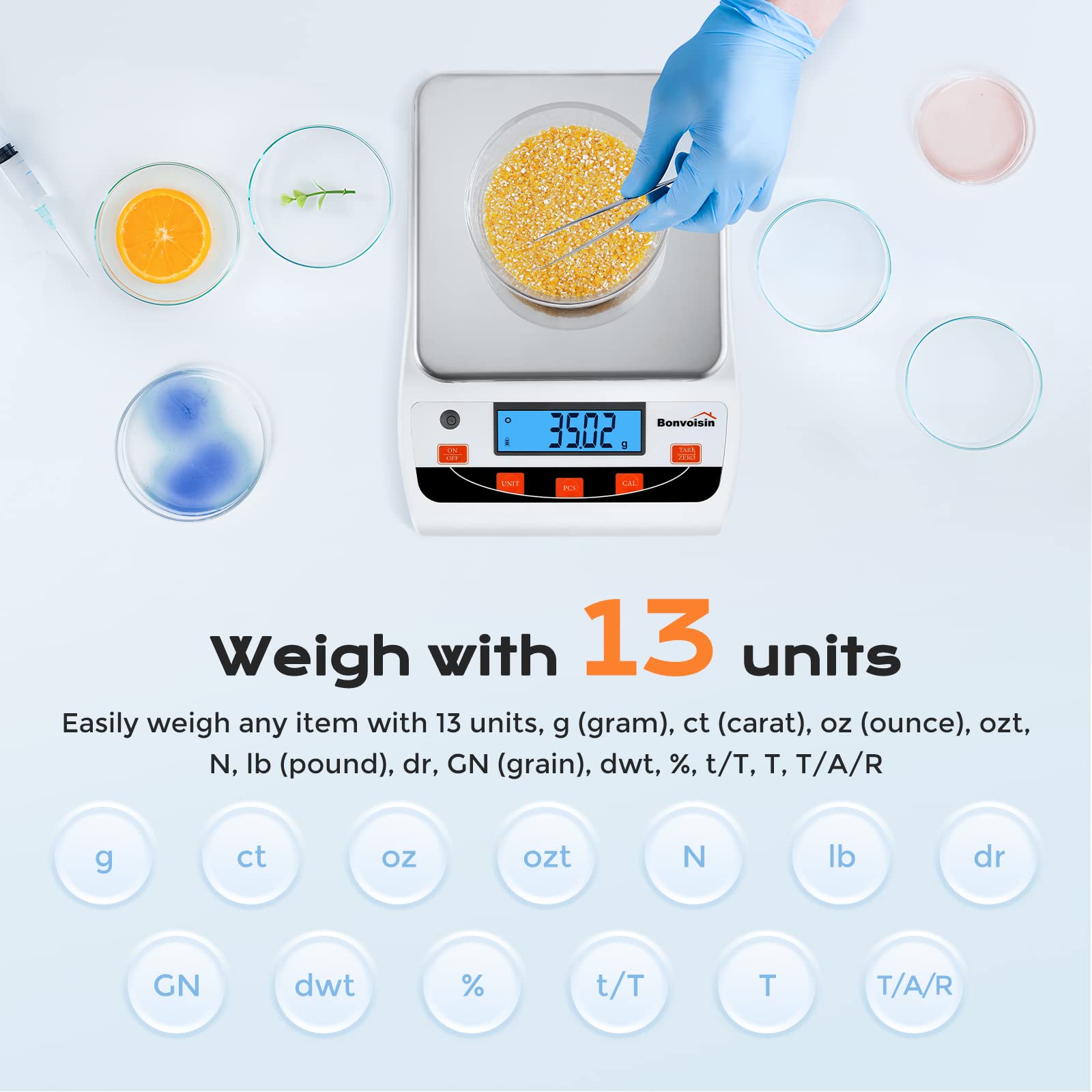 Bonvoisin 5000g x 0.01g High Precision Digital Analytical Balance - Laboratory Scientific Scale with 0.01g Accuracy for Jewelry, Kitchen, Chemistry & Research - Perfect for Weighing Gold, Spices, Powders & Small Samples