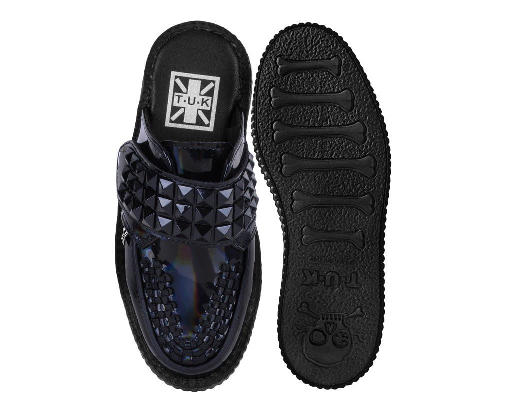 Black Rainbow Haze Studded Creeper Mule Shoes - Punk Rock Platform Slip-Ons for Women | Perfect for Concerts, Night Out & Alternative Fashion