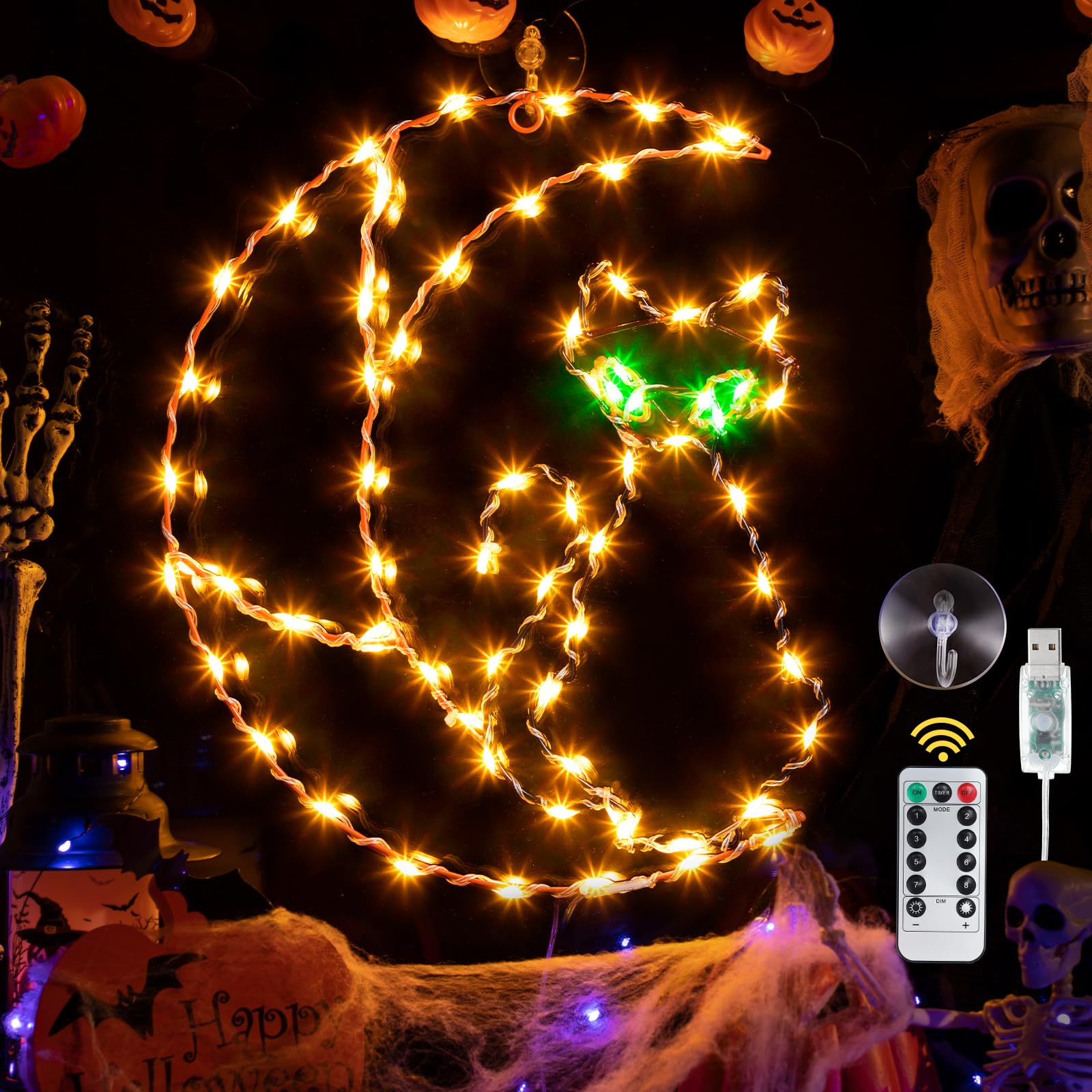 Moon Black Cat Halloween Window Lights Decor - Large 8 Mode Indoor String Lights with Remote & Timer, USB Plug-in Silhouette Lighting for Halloween Home Decor | Perfect for Window Displays, Indoor Parties & Spooky Atmosphere Creation