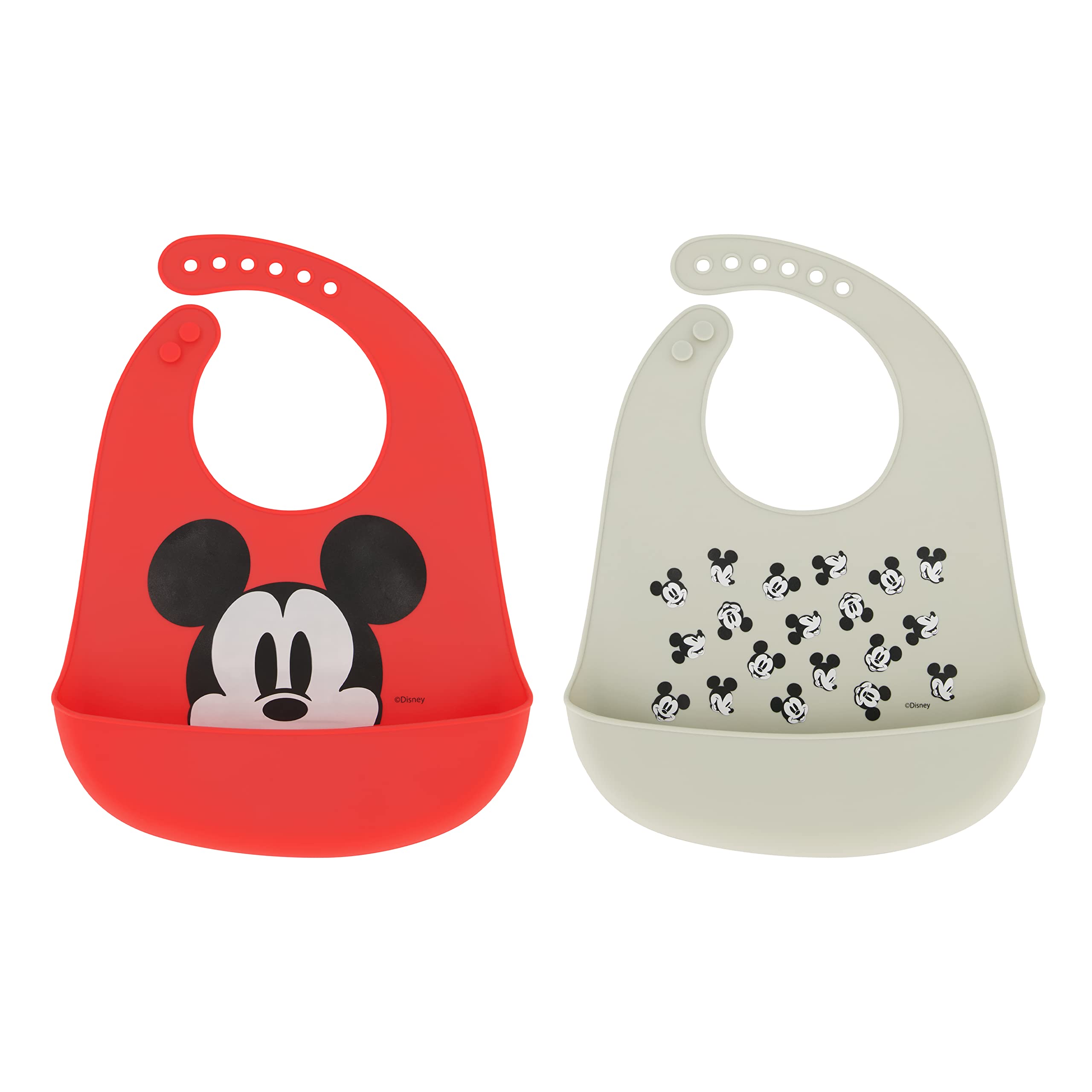 Disney 2-Pack Unisex Baby & Toddler Silicone Bibs with Food Catcher - Soft Waterproof Feeding Bibs for Mess-Free Mealtime | Perfect for Home, Travel & Daycare Use