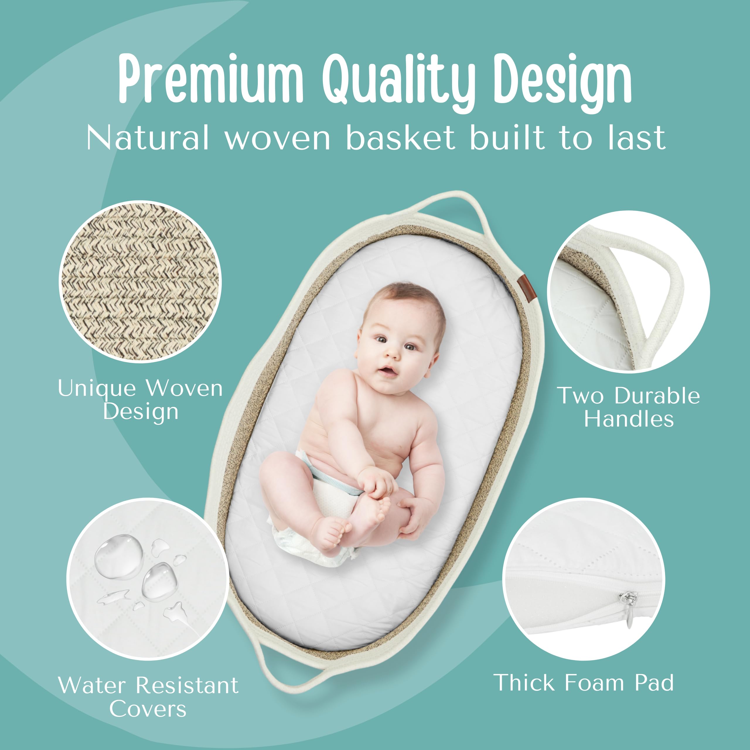 Organic Cotton Baby Changing Basket Set with Foam Pad & Waterproof Cover - Portable Diaper Caddy Organizer for Nursery Dresser - Natural Rope Diaper Changing Station (Beige) - Perfect for Newborn Care & Nursery Organization