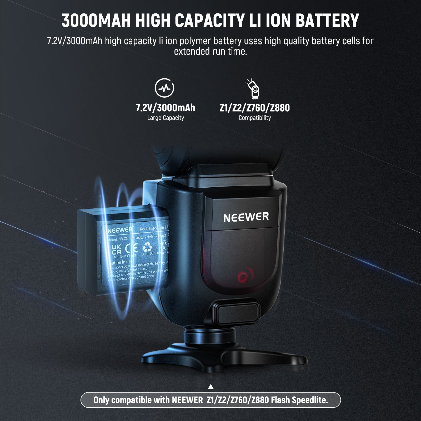NEEWER NB Z1 PRO 7.2V 3000mAh Lithium-ion Replacement Battery for Canon/Nikon/Sony DSLR Camera Flash Speedlite - Perfect for Wedding Photography & Studio Lighting