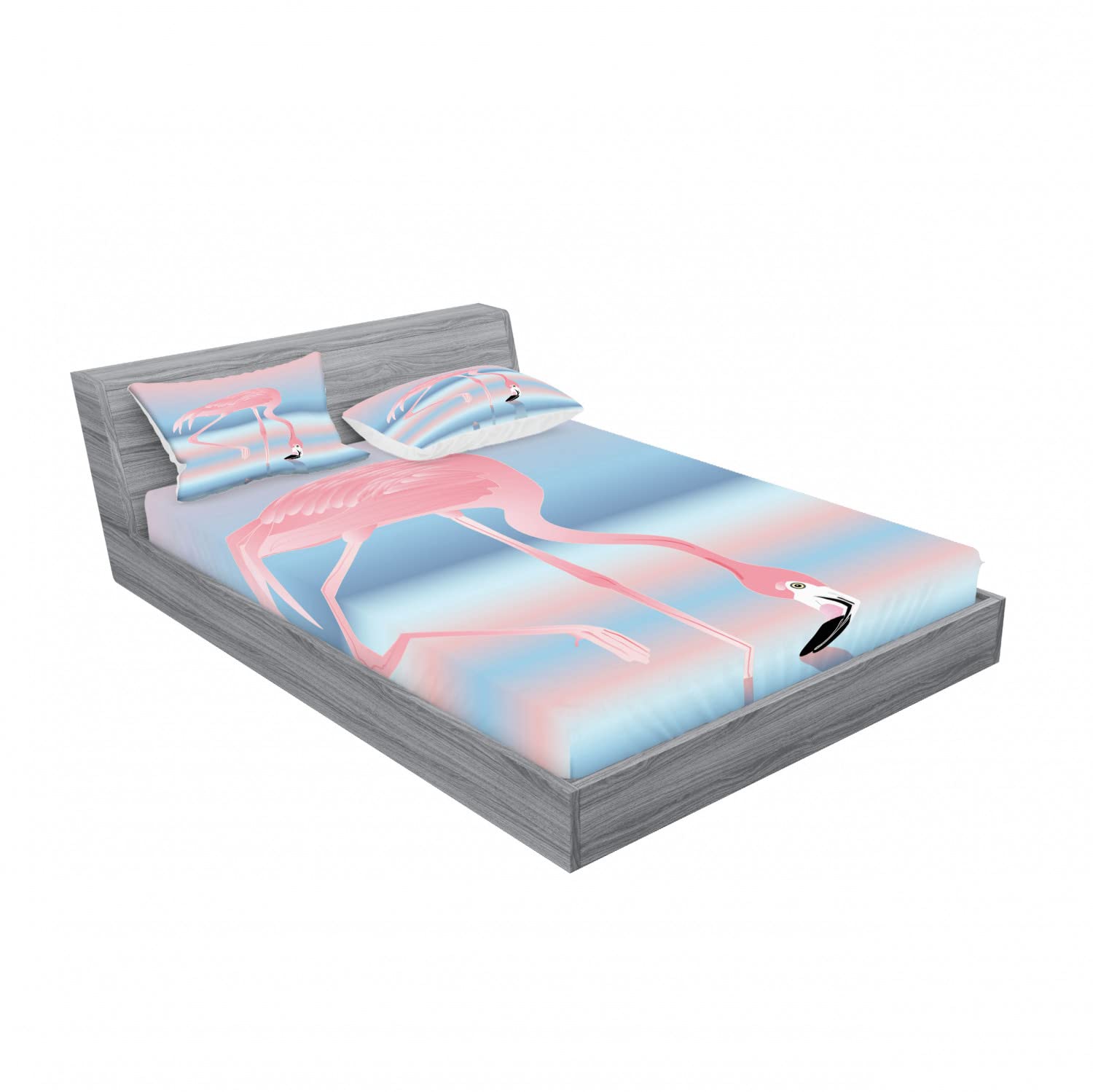 Ambesonne Flamingo Queen Size 2-Pack Fitted Sheet & Pillow Sham Set - Romantic Birds in Love Lake Design, 4-Piece Bedding Decor (2 Fitted Sheets + 4 Pillow Covers) in Pink & Blue | Perfect for Guest Rooms, Beach Houses & Tropical Themed Bedrooms