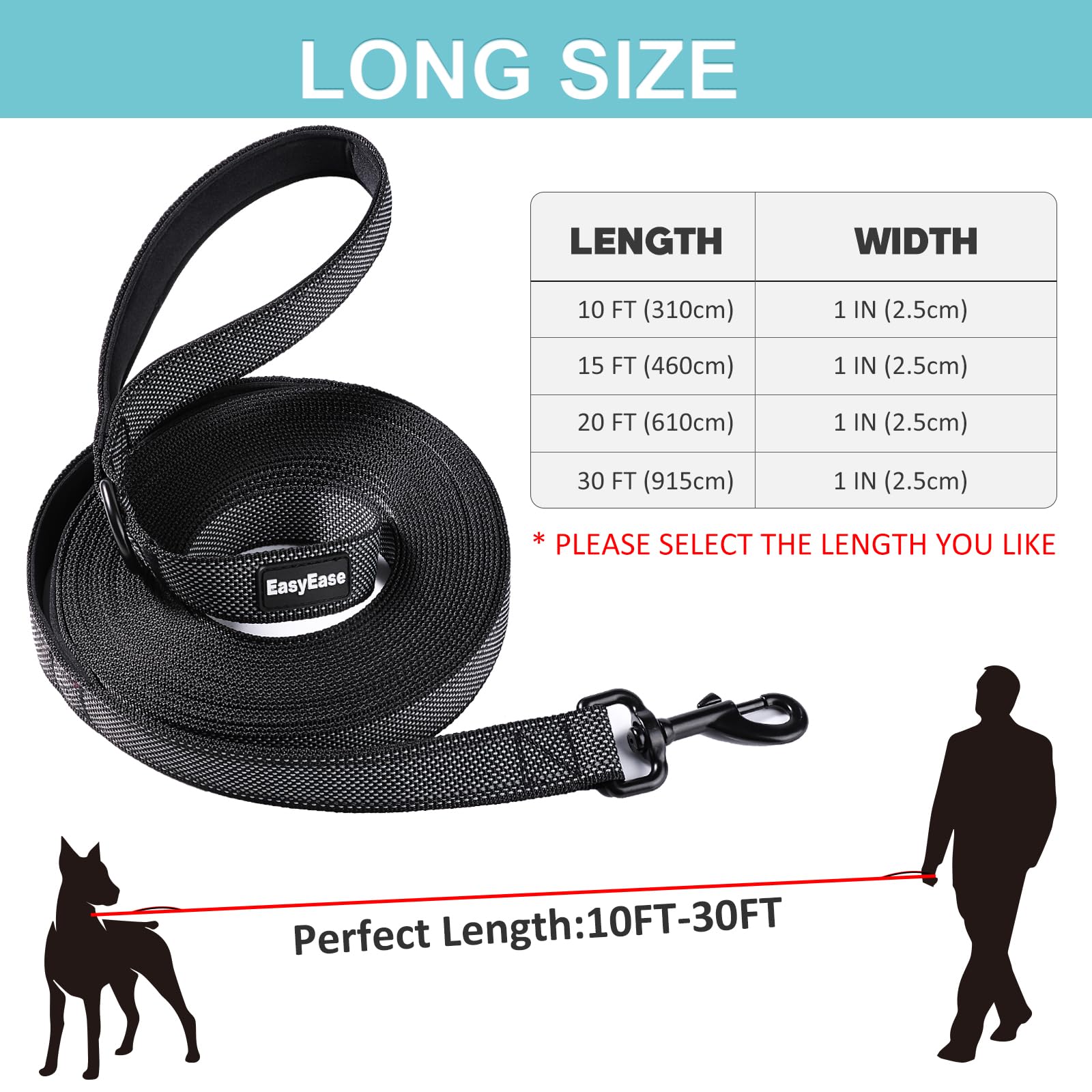 15FT Heavy Duty Reflective Dog Leash with 2 Soft Padded Handles - Durable Training & Walking Lead for Large, Medium & Small Dogs - Perfect for Night Walks, Jogging & Outdoor Adventures