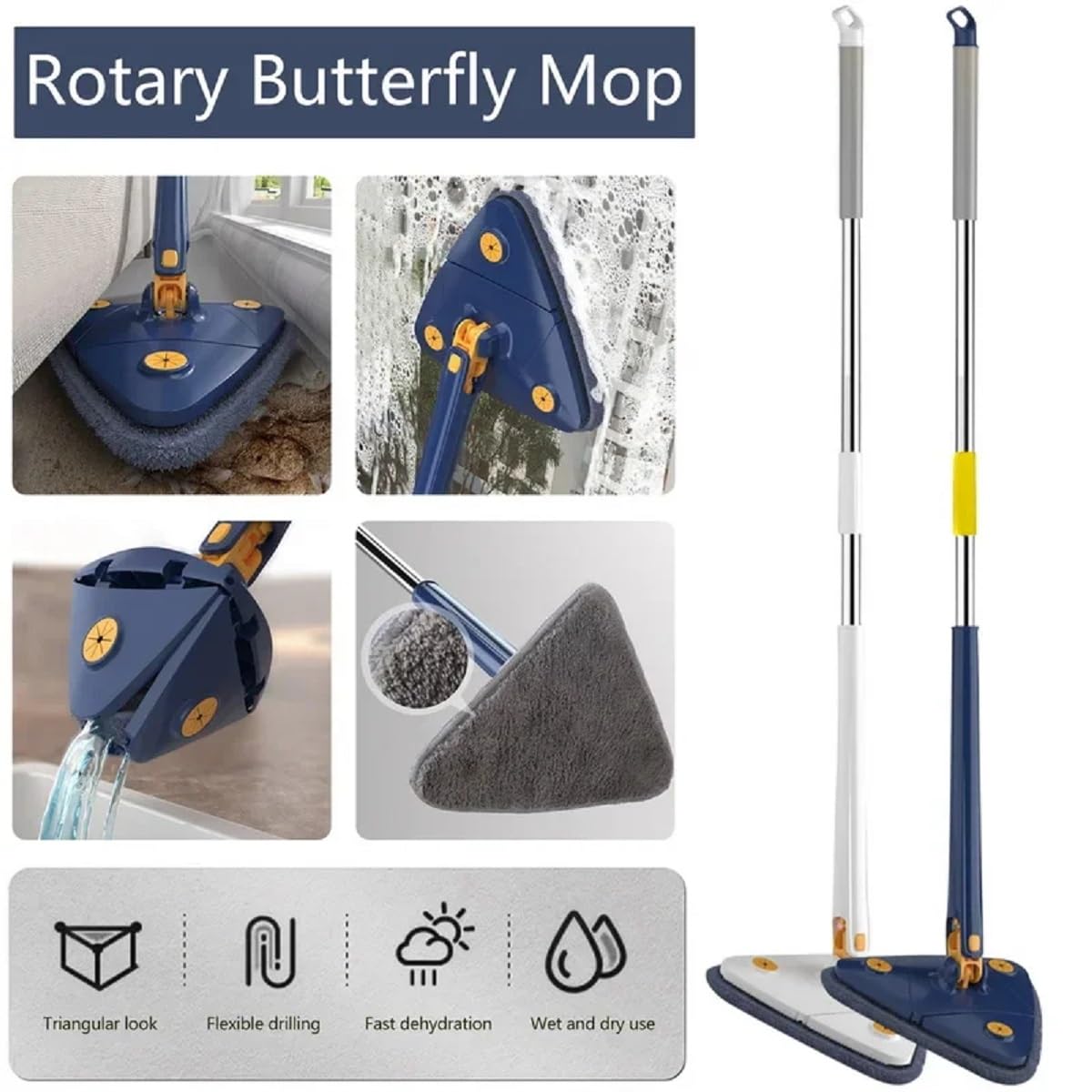 360° Rotating Magic Mop with Wringer - Triangle Floor Mop with 2 Reusable Pads (Blue) - Perfect for Hardwood, Tile & Laminate Floors - Easy Spin Cleaning for Home & Office