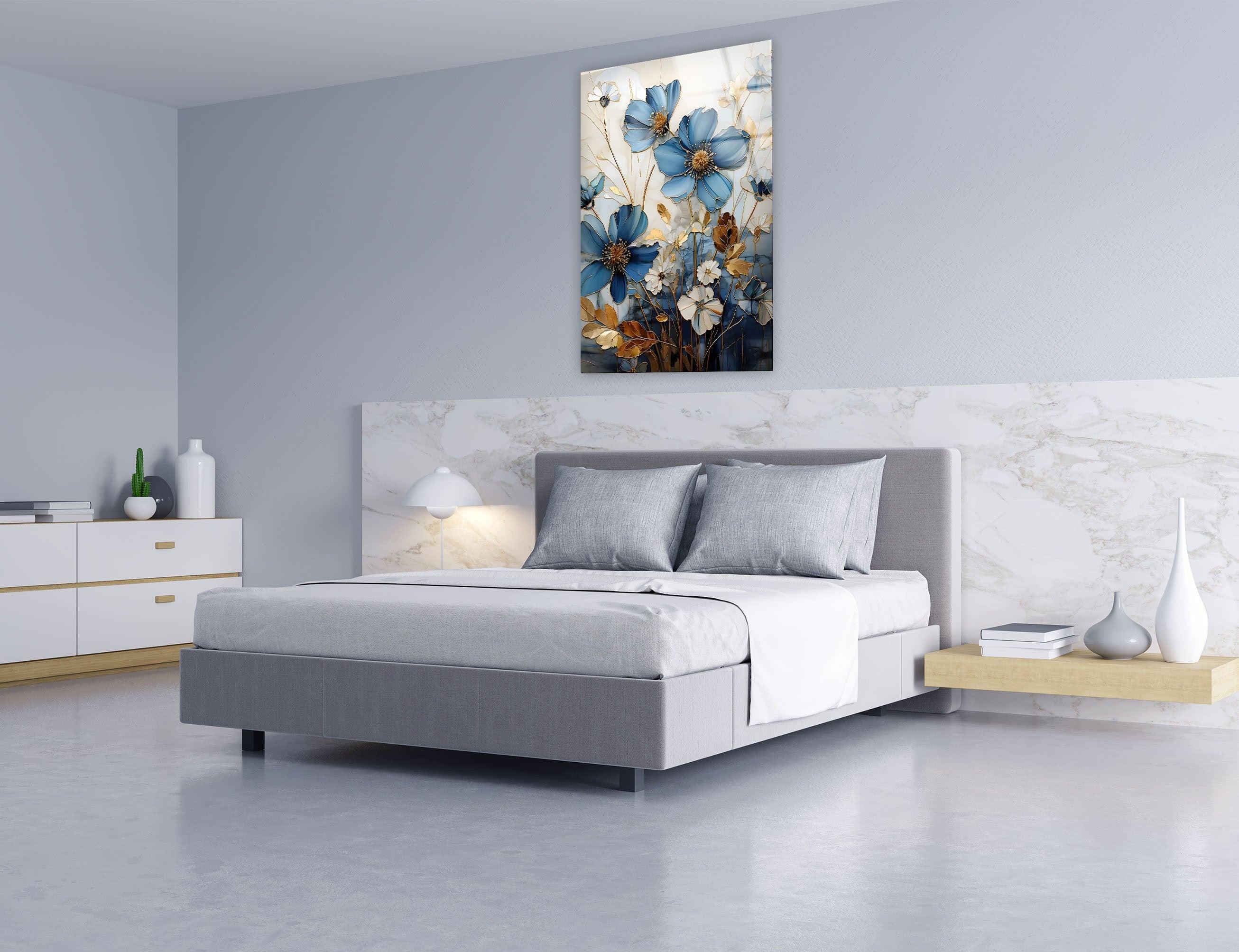 Blue and White Botanical Glass Wall Art - Handmade Floral Decor for Living Room, Bedroom, or Office - Perfect for Home and Office Decorations