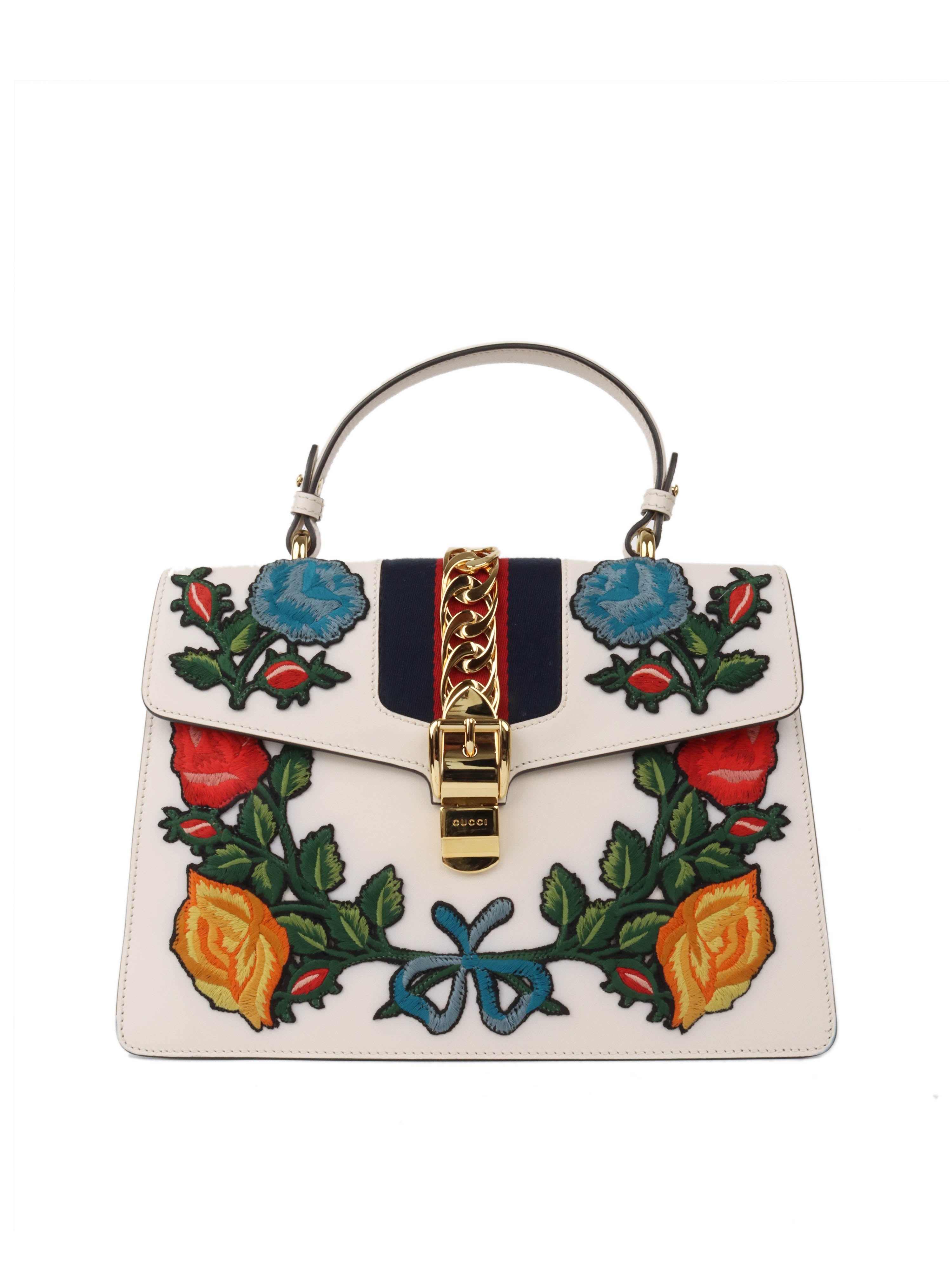 Gucci White Smooth Calfskin Leather Floral Embroidered Medium Sylvie Top Handle Bag for Women | Luxury Designer Handbag for Work, Party & Everyday Use