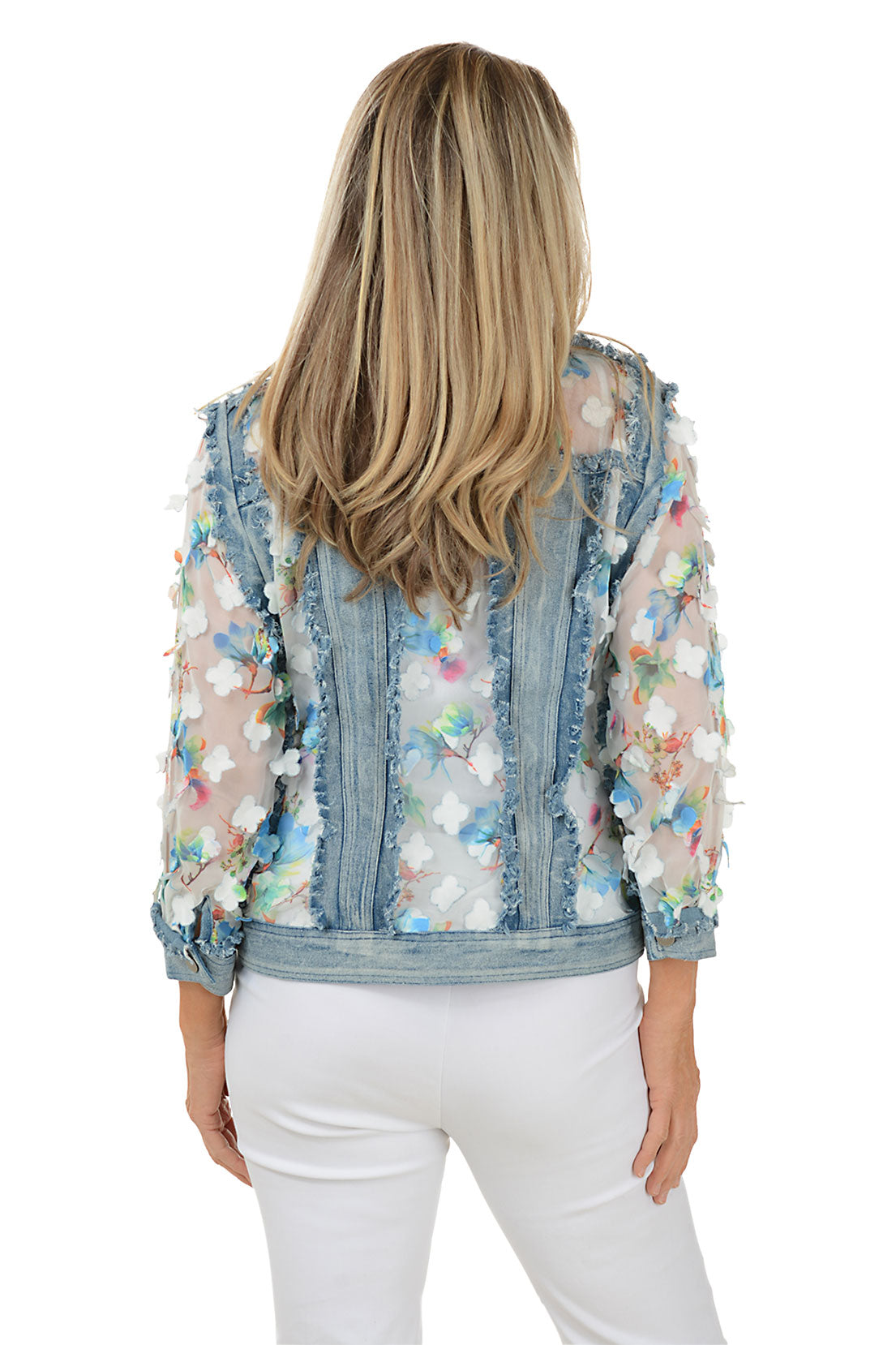 Blue Floral Sheer Denim Jacket for Women - Lightweight Spring/Summer Fashion - Perfect for Casual Outings, Music Festivals & Beach Cover-Up