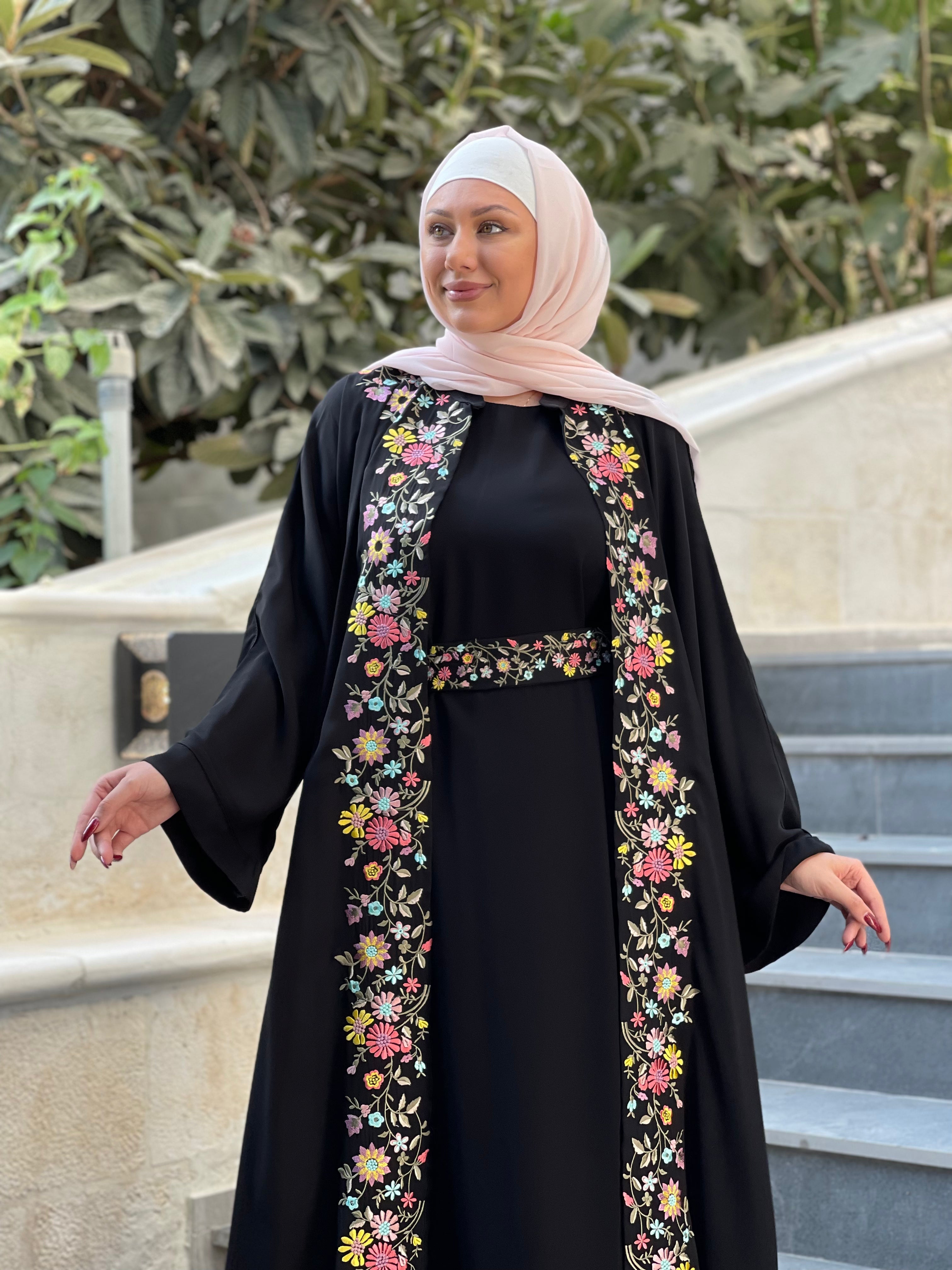 Modern Black Two Piece Embroidered Abaya Dress for Women - Elegant Islamic Prayer Outfit for Mosque & Special Occasions