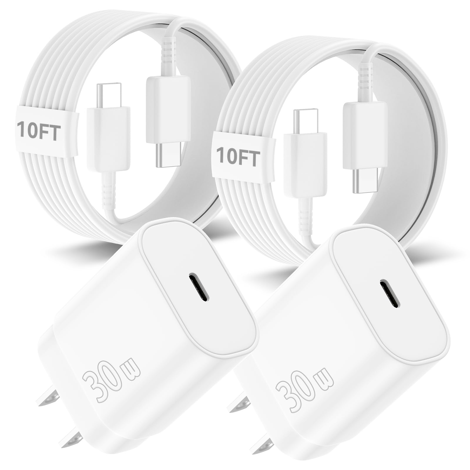 **30W USB C Fast Charger Block with 10FT Long Cable - Compatible with iPhone 16/15 Pro Max, iPad, Galaxy, Pixel - Fast Charging for Home, Office & Travel (White)**