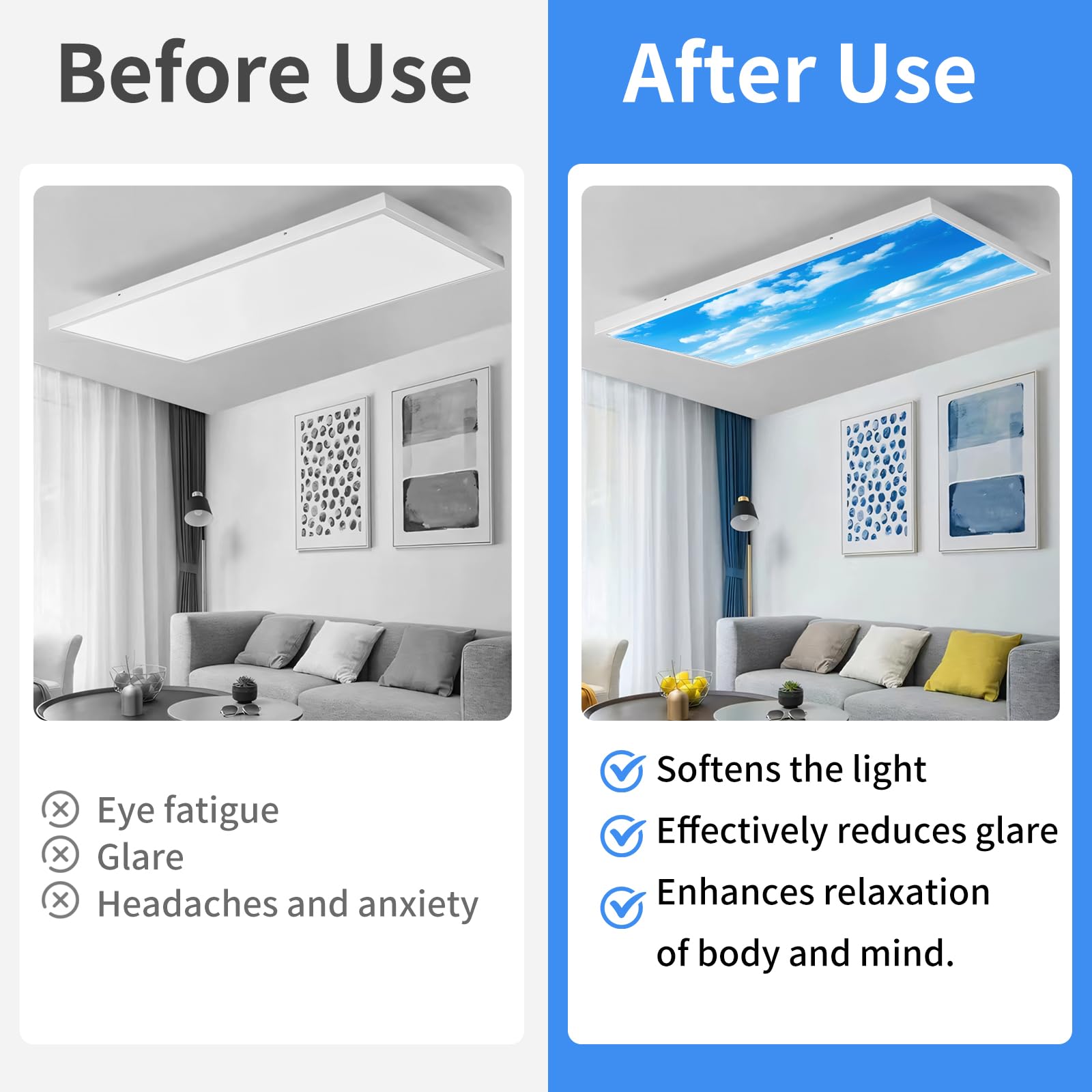 12 Pack Fluorescent Light Covers for Ceiling Lights - Magnetic Light Diffuser Filters for Classrooms, Offices, Hospitals & Homes (4x2 ft, Blue Sky White Clouds Design) - Reduce Glare & Create Calming Atmosphere