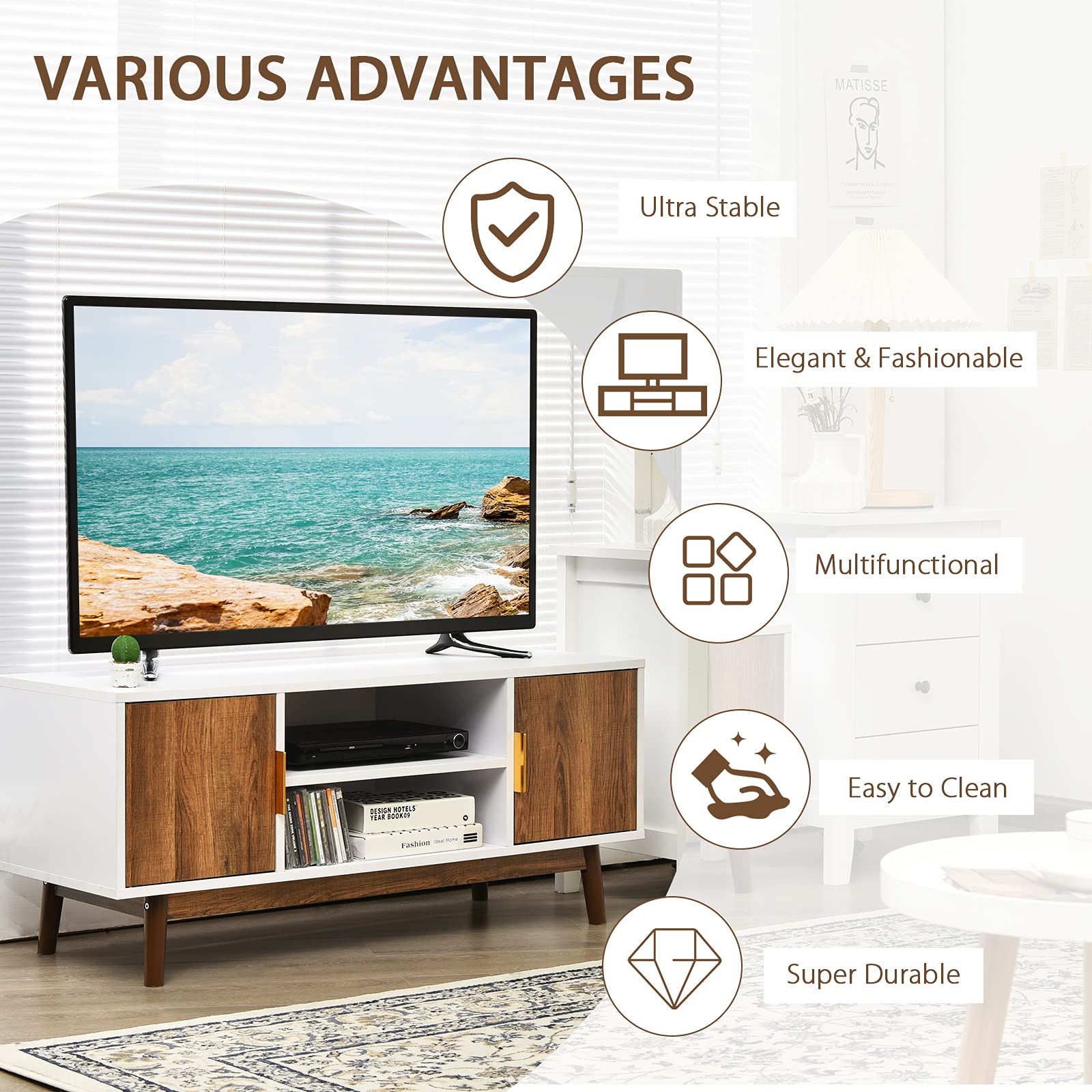65 Inch Wooden TV Stand with Storage - Farmhouse Style Media Console for Living Room & Bedroom | 2 Cabinets & 2 Shelves Entertainment Center | White & Brown TV Stand for Home Theater Setup & Family Movie Nights