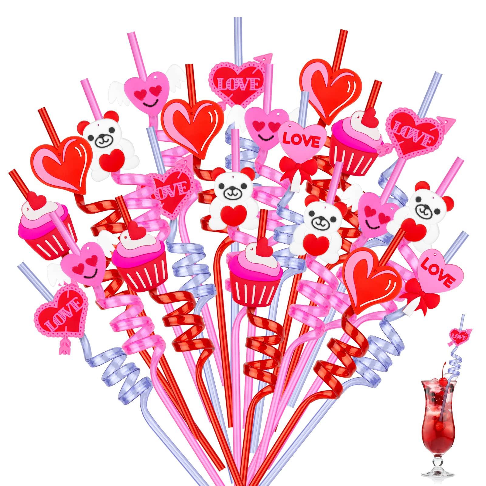 24-Pack Reusable Valentine's Day Heart Straws - Red Love Crazy Loop Drinking Straws for School Parties, Weddings & Bachelorette Events | Eco-Friendly Party Decor & Favor Supplies for Valentine's Celebrations