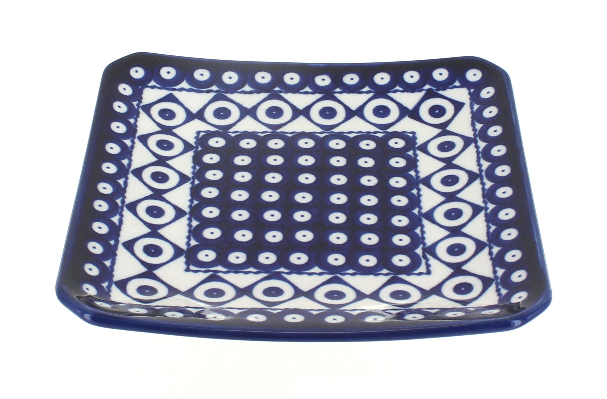 Handmade Blue Rose Polish Pottery Xandra Square Dessert Plate - Elegant Ceramic Appetizer Dish for Afternoon Tea, Wedding Favors & Home Decor