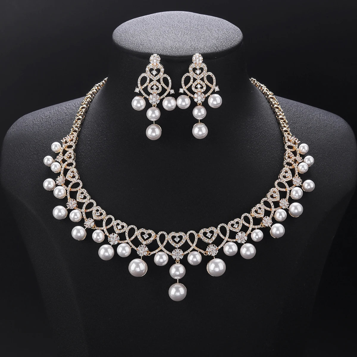 Elegant Heart-Shaped White Cubic Zirconia Pearl Necklace Set for Women | Wedding, Party & Anniversary Jewelry Gift | CN11568 | Perfect for Bridal Accessories, Date Nights & Special Occasions