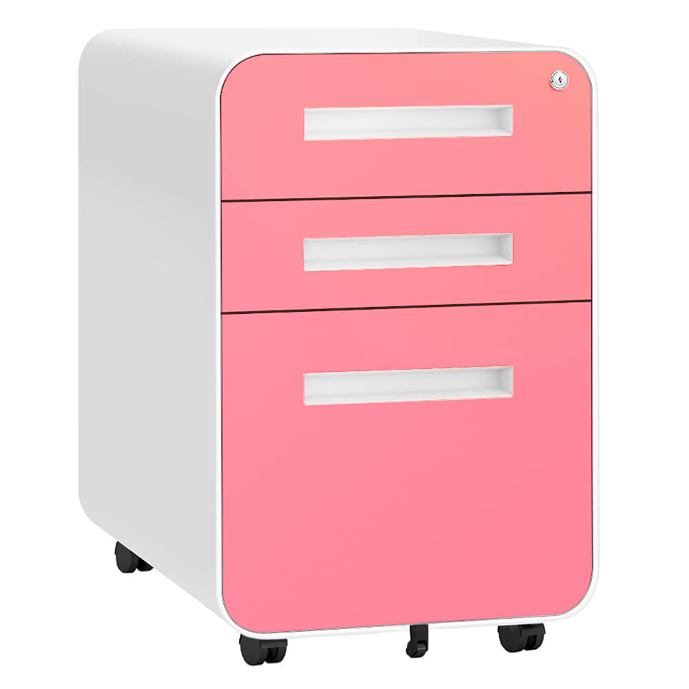 Bonusall 3-Drawer Locking File Cabinet with Wheels - Mobile Rolling Office Storage for Legal/Letter Size Documents - Under Desk Metal Filing Cabinet in Pink - Perfect for Home Office, Small Business & Workspace Organization