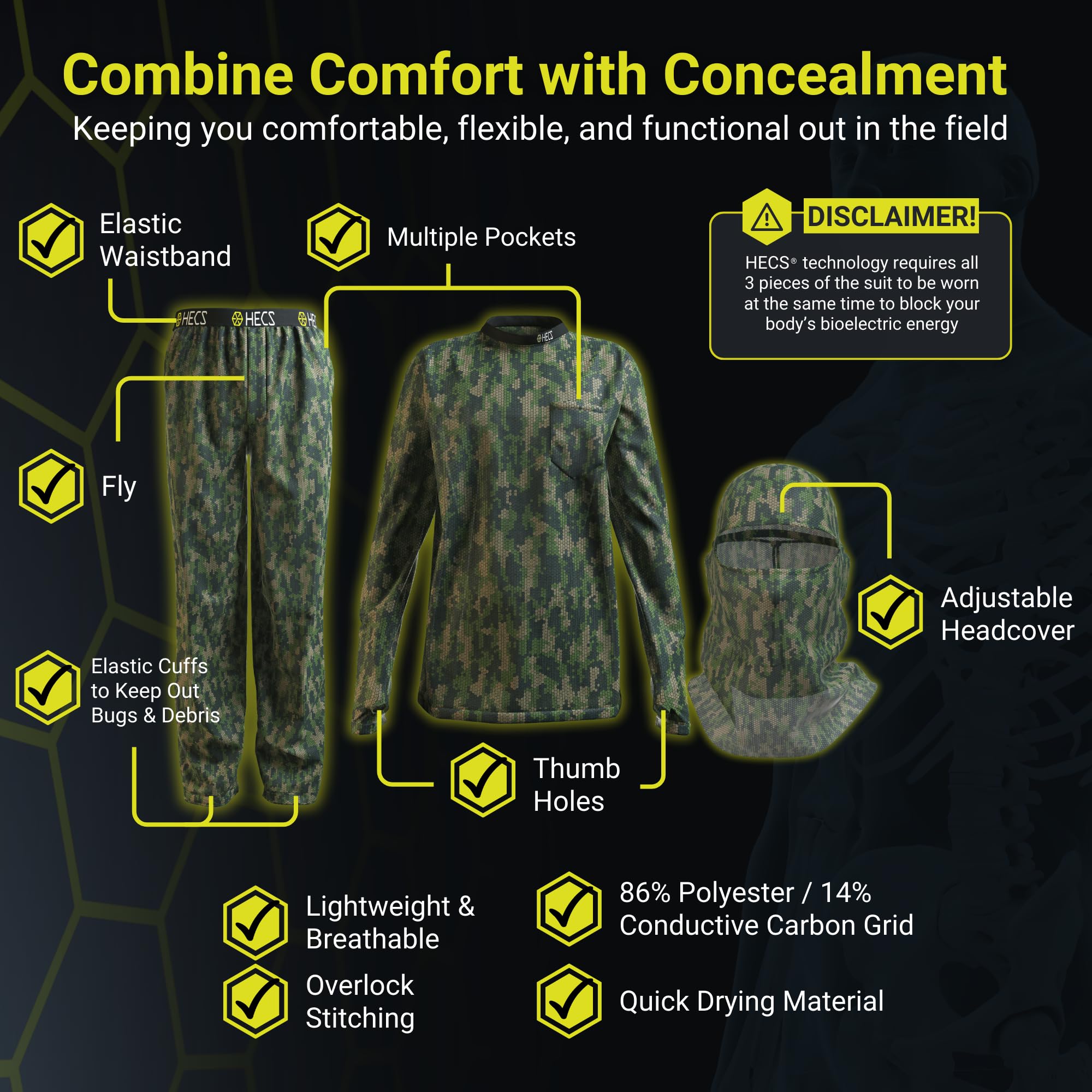 HECS Lightweight Hunting Camo Suit with Bioelectric Shielding Technology - Men's Stealth Hunting Gear for Deer & Turkey - Waterproof & Breathable for All-Weather Outdoor Adventures