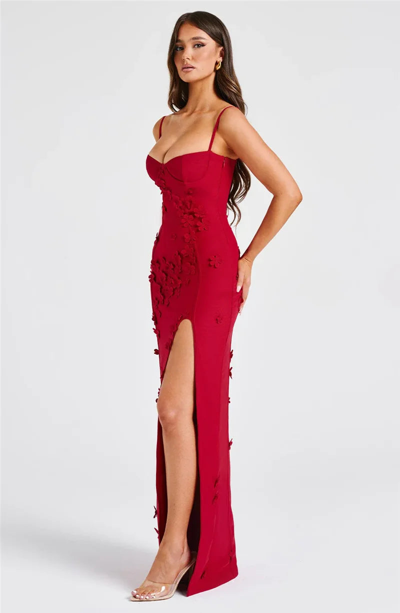 3D Floral Spaghetti Strap Sexy Maxi Dress for Women - Off Shoulder Backless Thigh High Split Evening Gown | Perfect for Club Parties, Date Nights & Summer Vacations