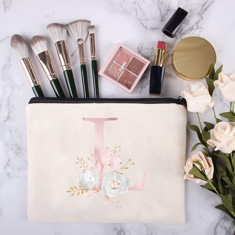 26 Letter Printed Zip Canvas Pouch - Waterproof Makeup Bag & Travel Toiletry Organizer for Women, Bride & Bridesmaids - Perfect for Cosmetics, Pencils, Coins & Small Essentials (Pink Floral Design, Large Size) - Ideal for Travel, Weddings, Gifts & Daily Organization