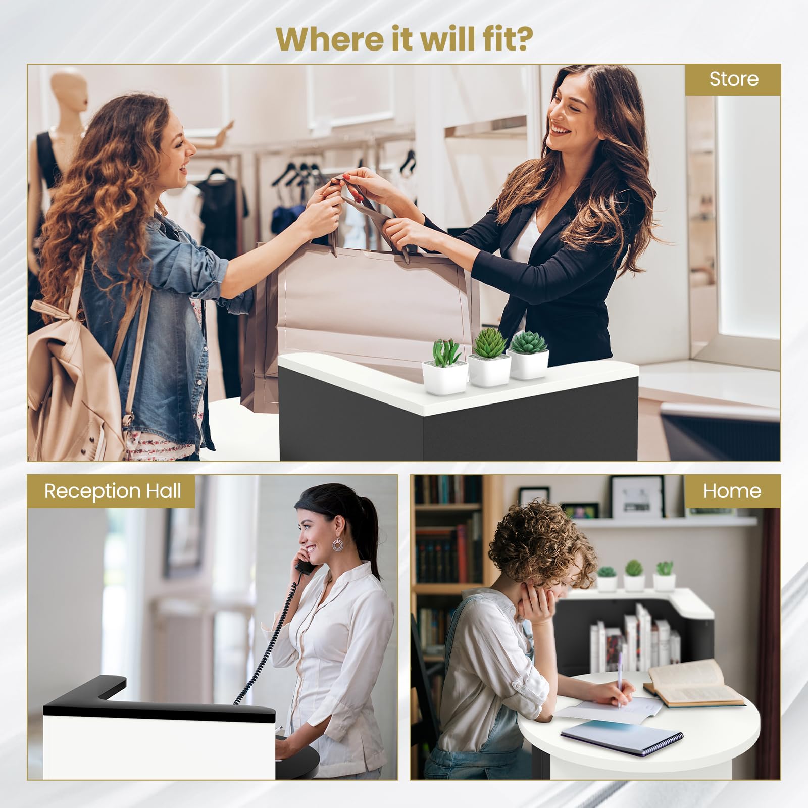 Modern Reception Desk with Oval Desktop - Open Shelf & Lockable Drawer - Small Retail Checkout Counter - Wood Computer Workstation for Home Office, Lobby, Salon & Small Business - Perfect for Customer Service Areas, Waiting Rooms & Professional Spaces