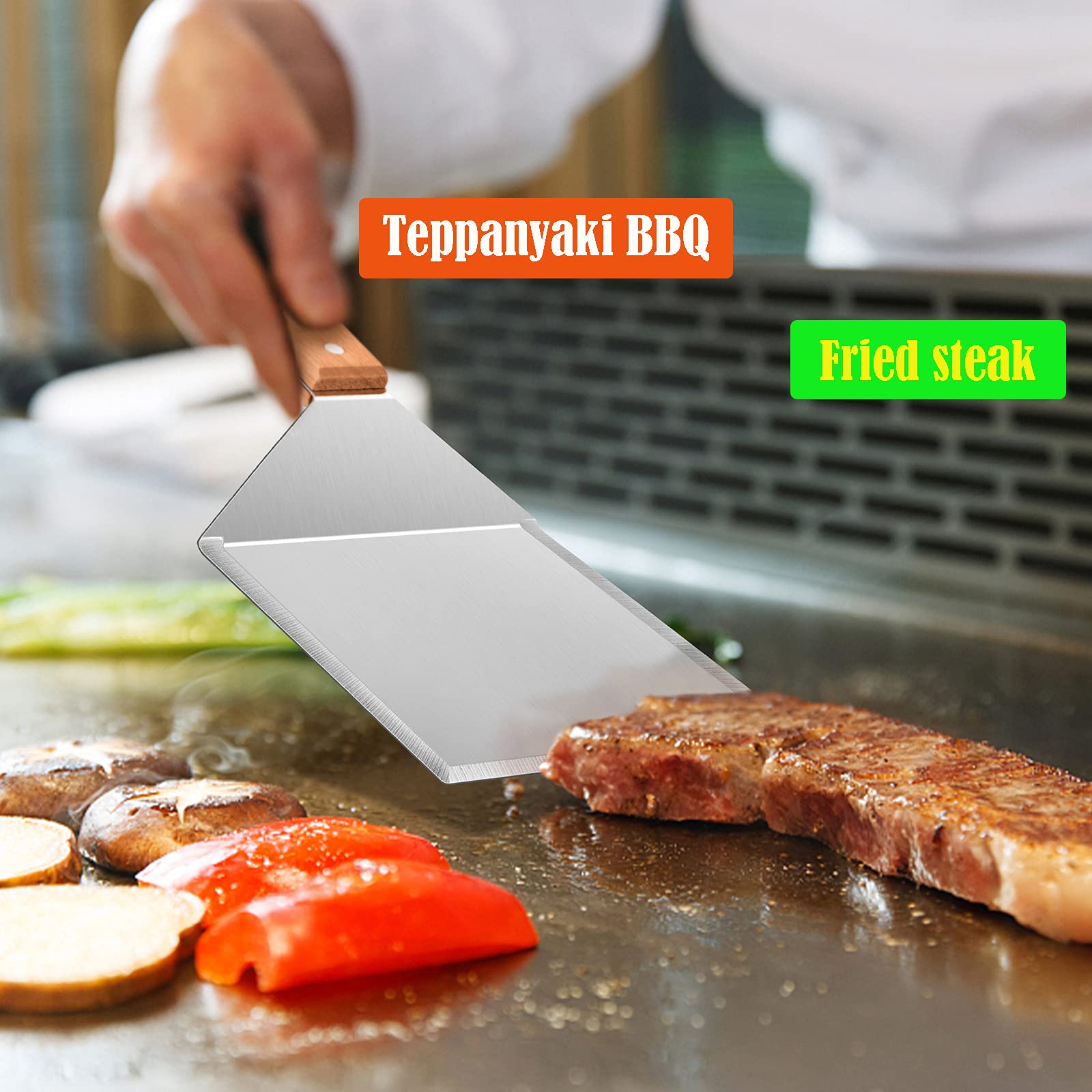 **HaSteeL Professional Wooden & Metal Spatula Set - 2-Piece Griddle Spatulas for Hamburgers, Pancakes & Teppanyaki - Perfect for BBQ, Flat Top Grilling, Indoor & Outdoor Cooking - Includes 2 Hooks**    *(Use Cases: Ideal for flipping burgers, pancakes, omelets, and stir-frying on griddles, flat-top grills, or teppanyaki tables—great for home kitchens, outdoor BBQs, and commercial cooking.)*