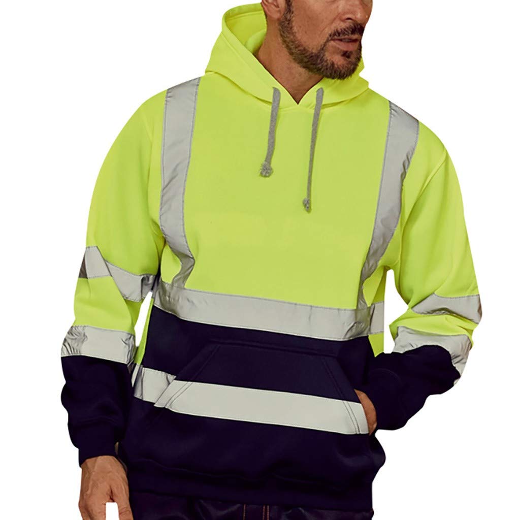 Men's Zip-Up Hooded Sweatshirt - Pullover Tops with High Visibility Work Sleeves | Road & Outdoor Wear for Work or Casual Use