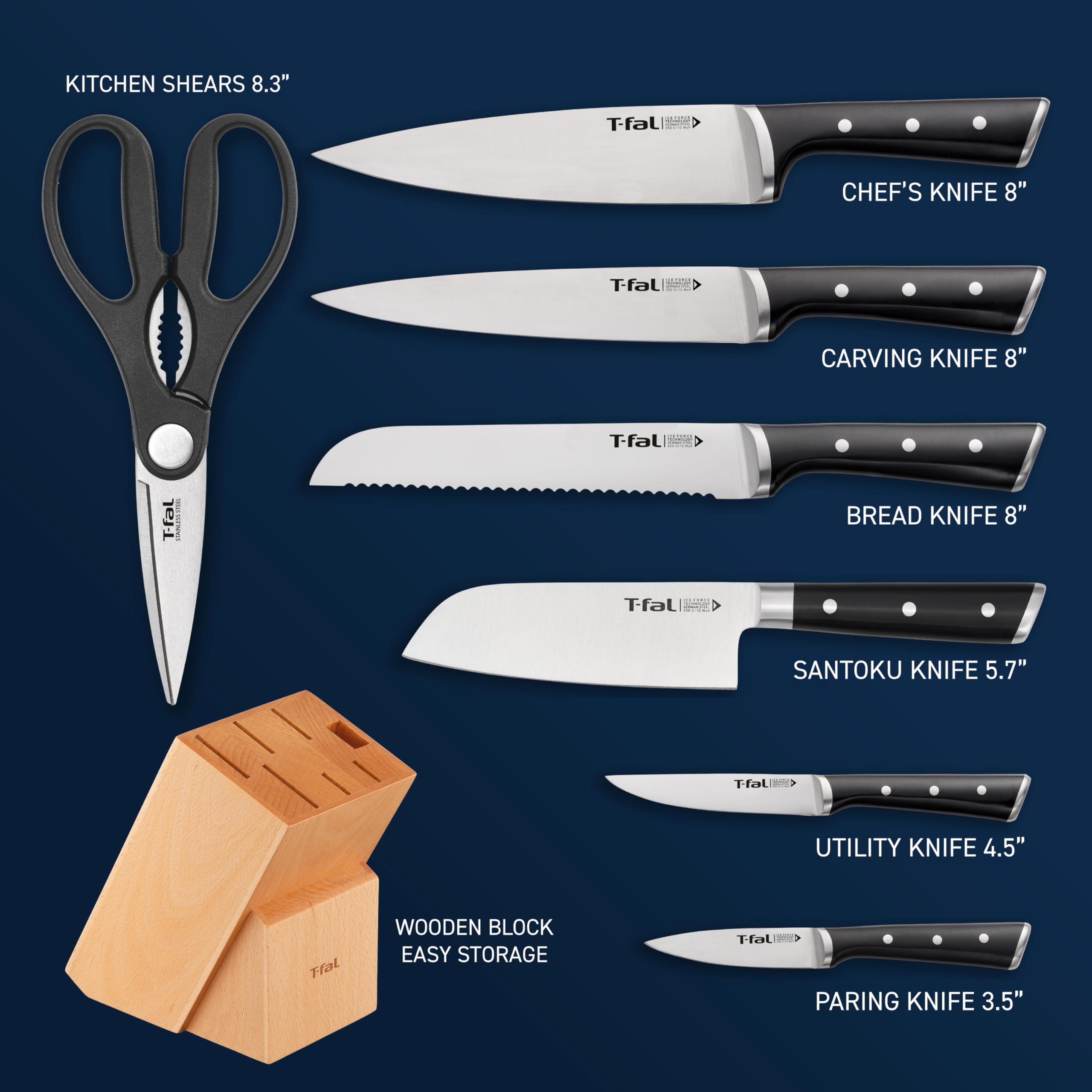 T-fal Ice Force German Stainless Steel 8-Piece Knife Set with Wood Block - Ultra Sharp Blades, High Precision Cutting, Durable Kitchen Knives for Professional Chefs & Home Cooking - Perfect for Chopping, Slicing, Dicing Meat, Vegetables & Fruits