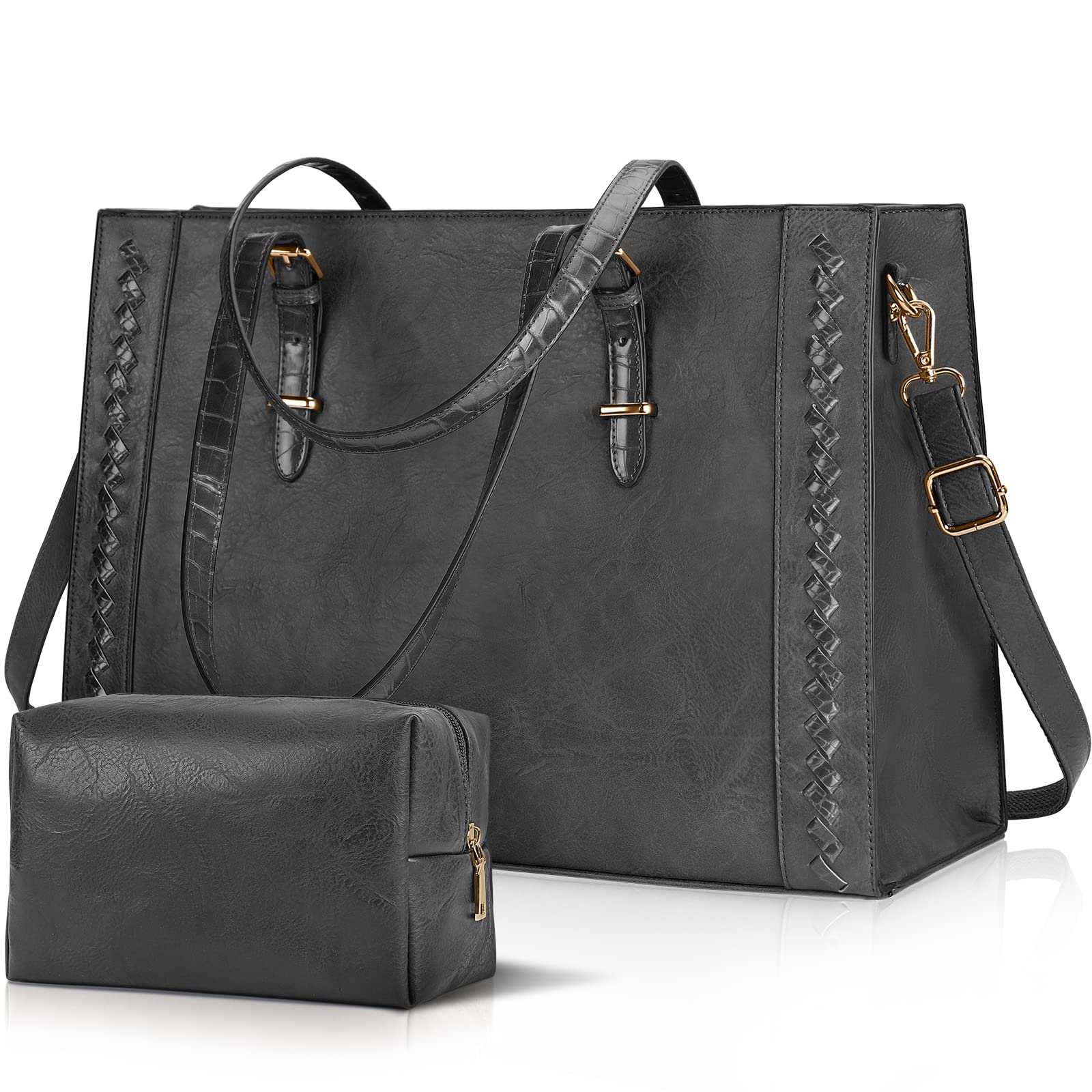 Stylish 15.6 Inch Leather Laptop Tote Bag for Women - Waterproof Professional Business Office Briefcase & Shoulder Work Purse (2-Piece Set, Gray) - Perfect for Commuting, Work Meetings & Travel