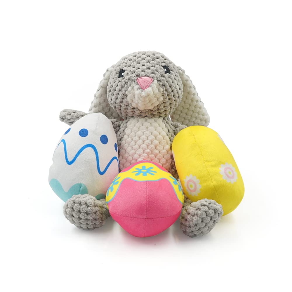 Squeaky Plush Rabbit Dog Toy with 3 Free Eggs - Funny Puppy Chew Toy Set for Small & Large Dogs - Perfect for Indoor Play, Training & Teething Relief