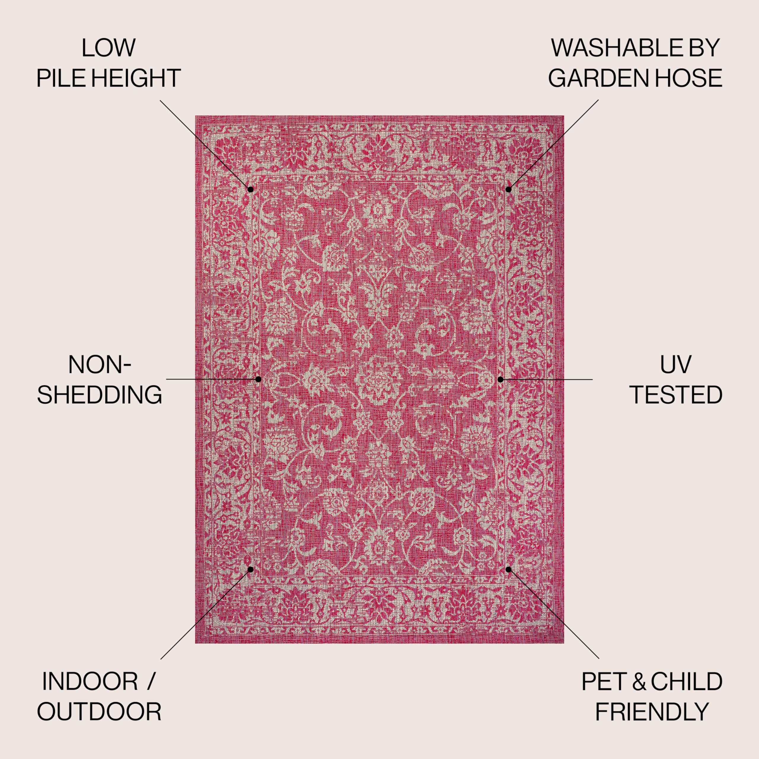 JONATHAN Y SMB100G-9 Bohemian Floral Area Rug - 9'x12' Indoor/Outdoor Textured Weave, Non-Shedding, Easy Clean (Fuchsia/Light Gray) - Perfect for Coastal, Traditional & Transitional Decor in Bedroom, Kitchen, Backyard or Patio