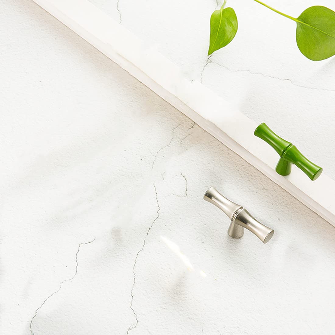 5Pcs Bamboo Cabinet Knobs - Solid Zinc Alloy Single Hole Drawer Pulls, Dresser & Closet Door Handles - Decorative Furniture Hardware (Green) for Kitchen Cabinets, Bathroom Vanities & Bedroom Dressers