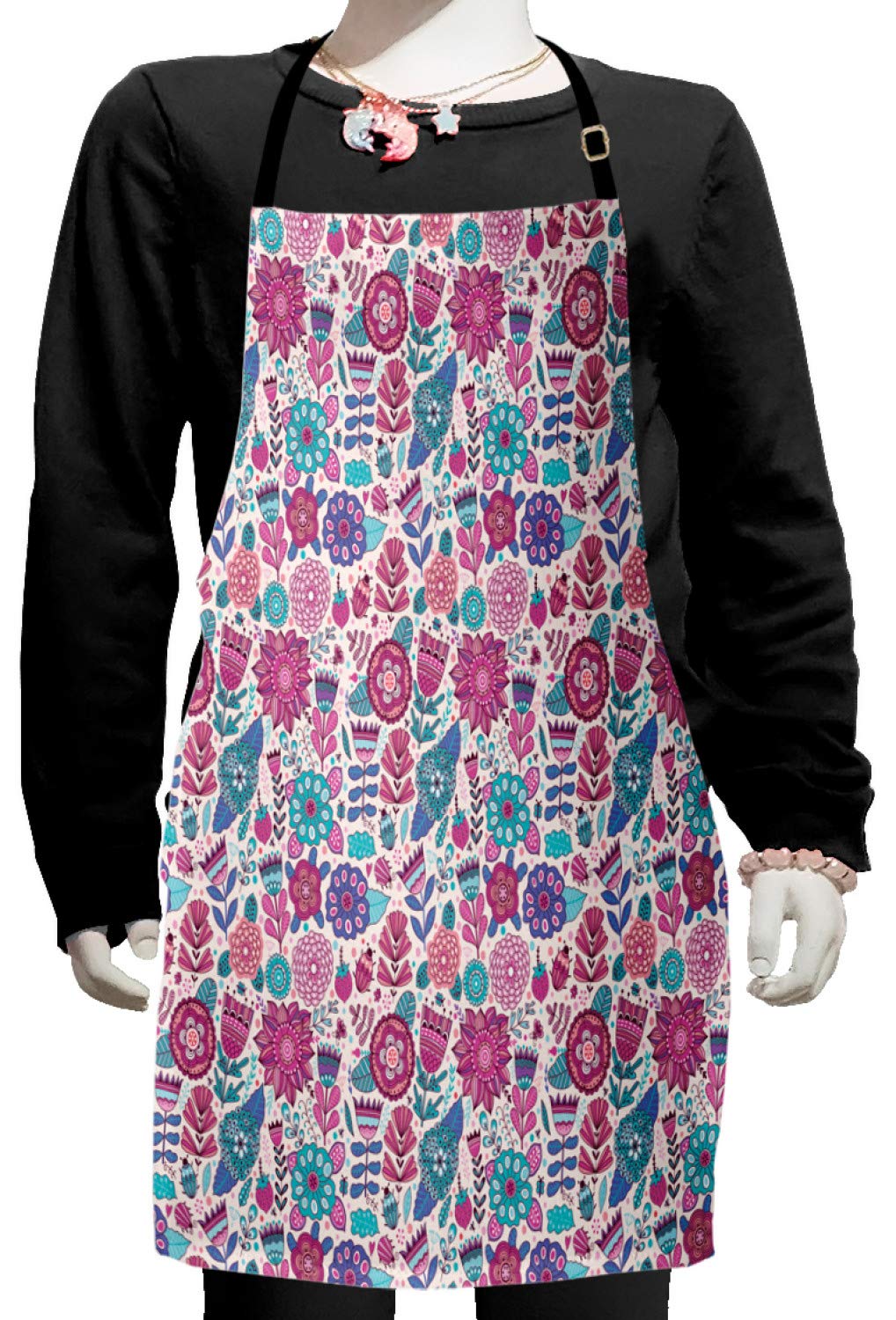 Ambesonne Floral Garden Apron - Adjustable Ties for Baking, Painting & Cooking | Small Size Violet Blue Sky Blue Doodle Peonies Tulips Print | Perfect for Home Kitchen, DIY Crafts & Outdoor BBQ
