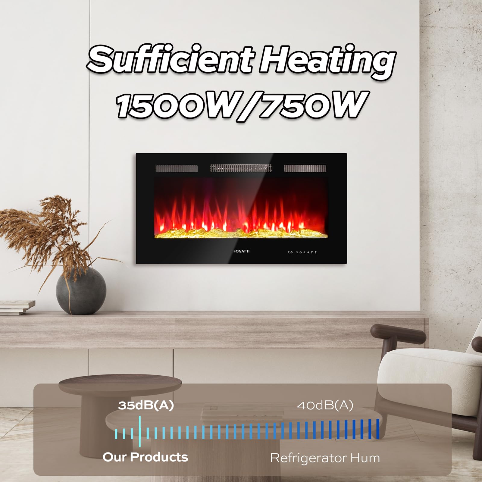 FOGATTI 36 Inch Electric Fireplace - Wall Mounted & Recessed RV Fireplace Heater with Remote Control, Timer, Realistic 7-Color Flame (Crystals/Driftwood Options) - Perfect for Living Rooms, Bedrooms & Campers