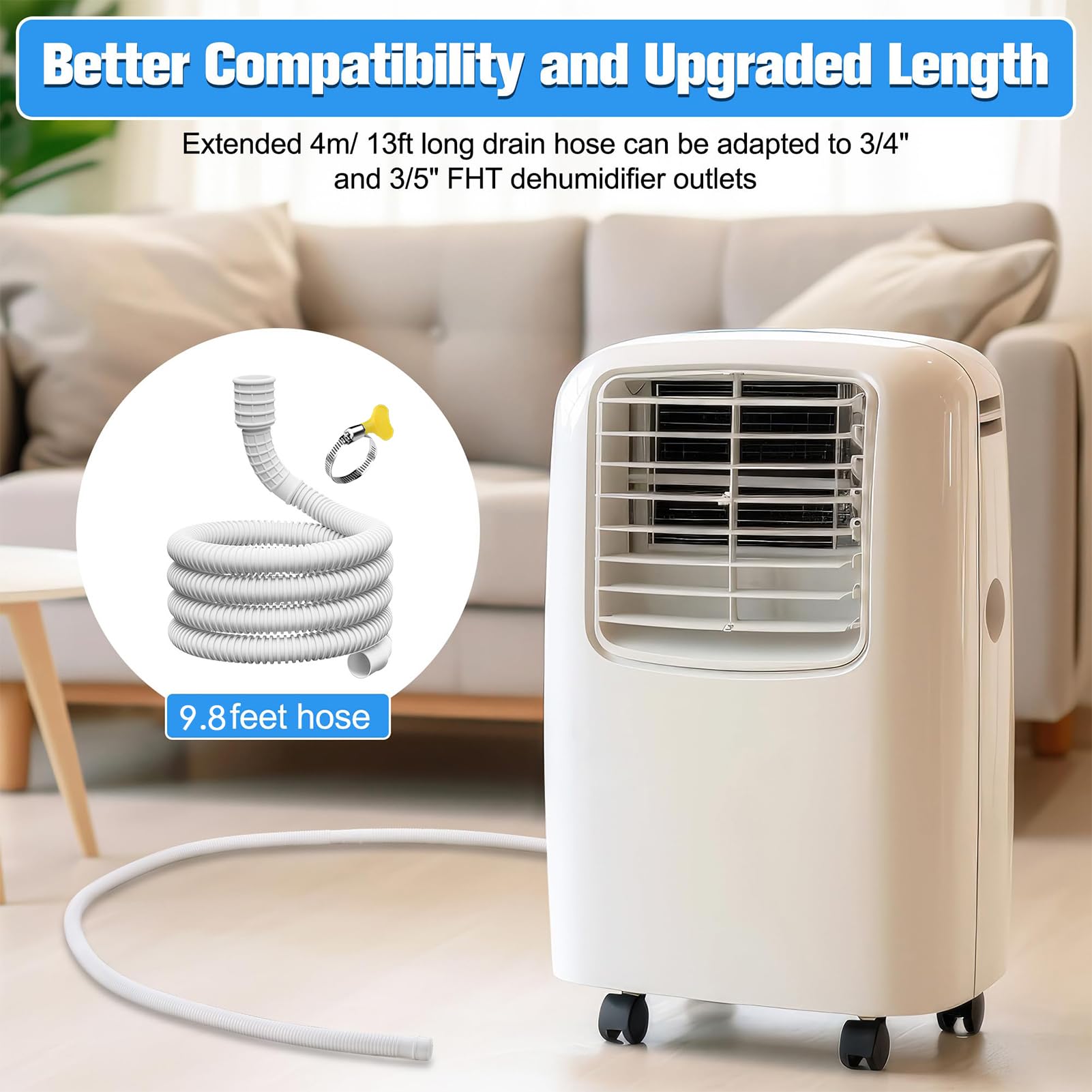 Universal Flexible Dehumidifier Drain Hose with Cuttable Rubber Adapter & Connect Clamp - Replacement Hose for AC Units, Washing Machines & Portable Air Conditioners - Perfect for Basement, Laundry Room & Home Humidity Control